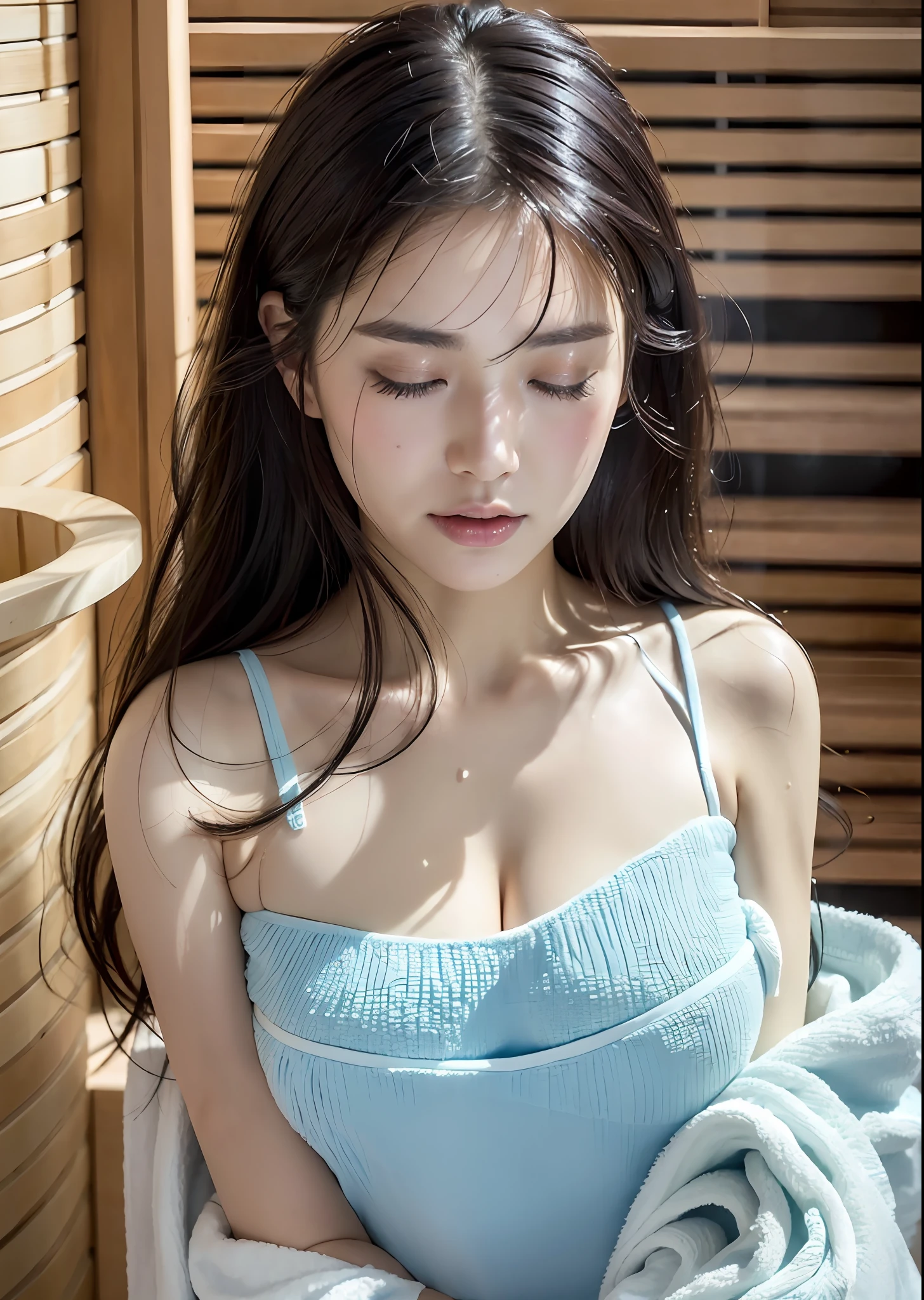 ((top quality, 8k, masterpiece: 1.3)), women (full body portrait, straight ahead, light blue towel fabric tube top, shoulder bared, arms crossed, cleavage, inside_sauna:1.6), indoors, in a dark sauna room, overhead camera, sharp focus: 1.2, cute woman: 1.4, ((hairstyle random)), highly detailed face and skin and hair texture, Wet body, wet face, double eyelids, closed eyes, white skin, beautiful delicate nose, cute young Japan woman, 30 years old, featuring a contrasting mix of calm tones and light and shadow, with dynamic angles, while exuding sexual feelings, while emphasizing the subject's hair, eyes, mouth and action, it is a pleasing and suggestive composition to the eyes.