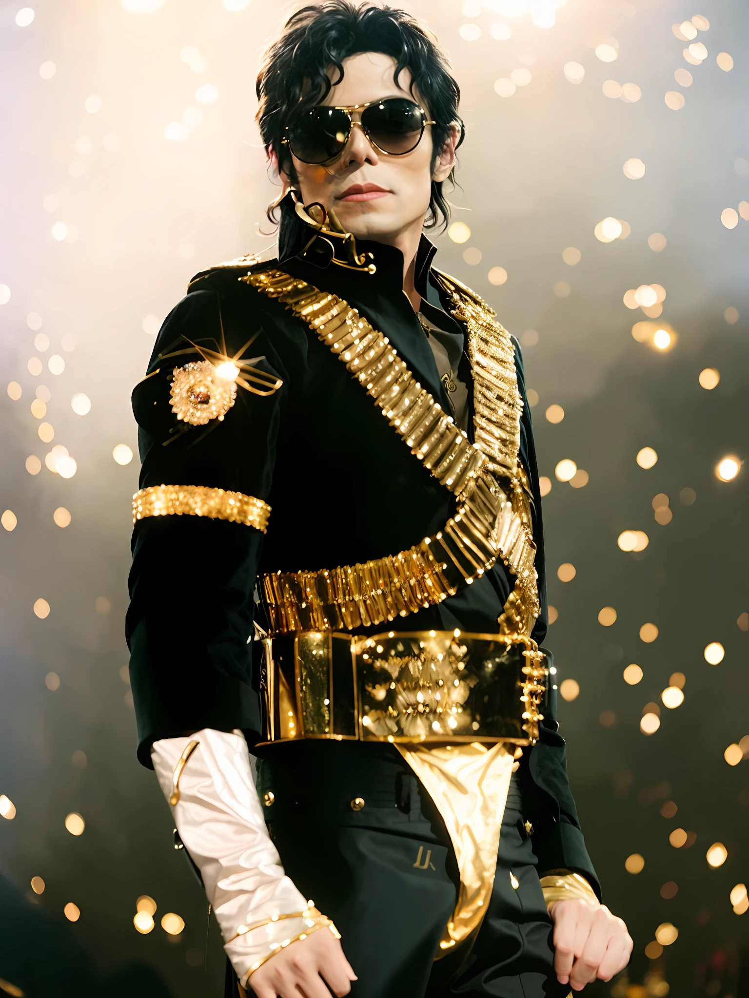 michael jackson in a gold outfit and sunglasses, michael jackson, michael_jackson, portrait of michael jackson, michael jackson portrait, liquid gold, with shoulder pads, unreleased, in a gold suit, in black uniform, he is a rockstar, thriller, regal pose, in dark robes with gold accents, this is it, this is it style, gilded black uniform