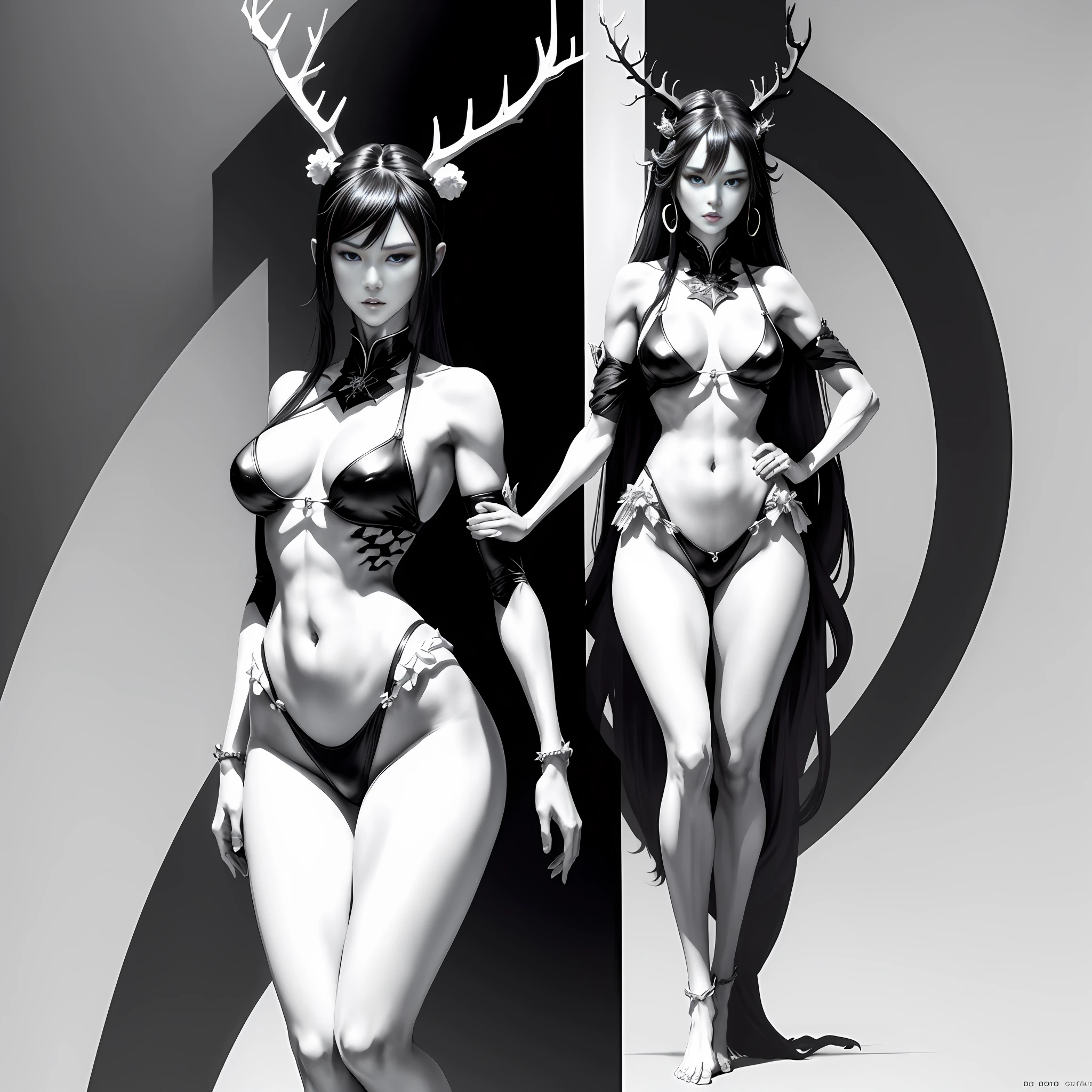 A Masterpiece,8kwallpaper,Great master black and white anime artwork,Black and white art,Pen line art,Sexy tribal mature woman in white sexy costume on magnificent wild world land,There are antlers on the head,Full body dimensions,White bikini,Mature body,Slender figure and legs,Perfect body shape,Exquisite facial details,Beautiful figure painting,Exquisite fanart with high detail,Full-body standing,full body xianxia,G. Larion's artistic style,inspired by Lan Ying,by Yang J,She walked towards the audience,inspired by Du Qiong,Inspired by Qu Leilei,Inspired by Wuzhun Shifan,The ultimate in dark art,Perfect model height,Fierce expression,Soft professional cinema lighting,Light and shadow follow,Perfect contour light