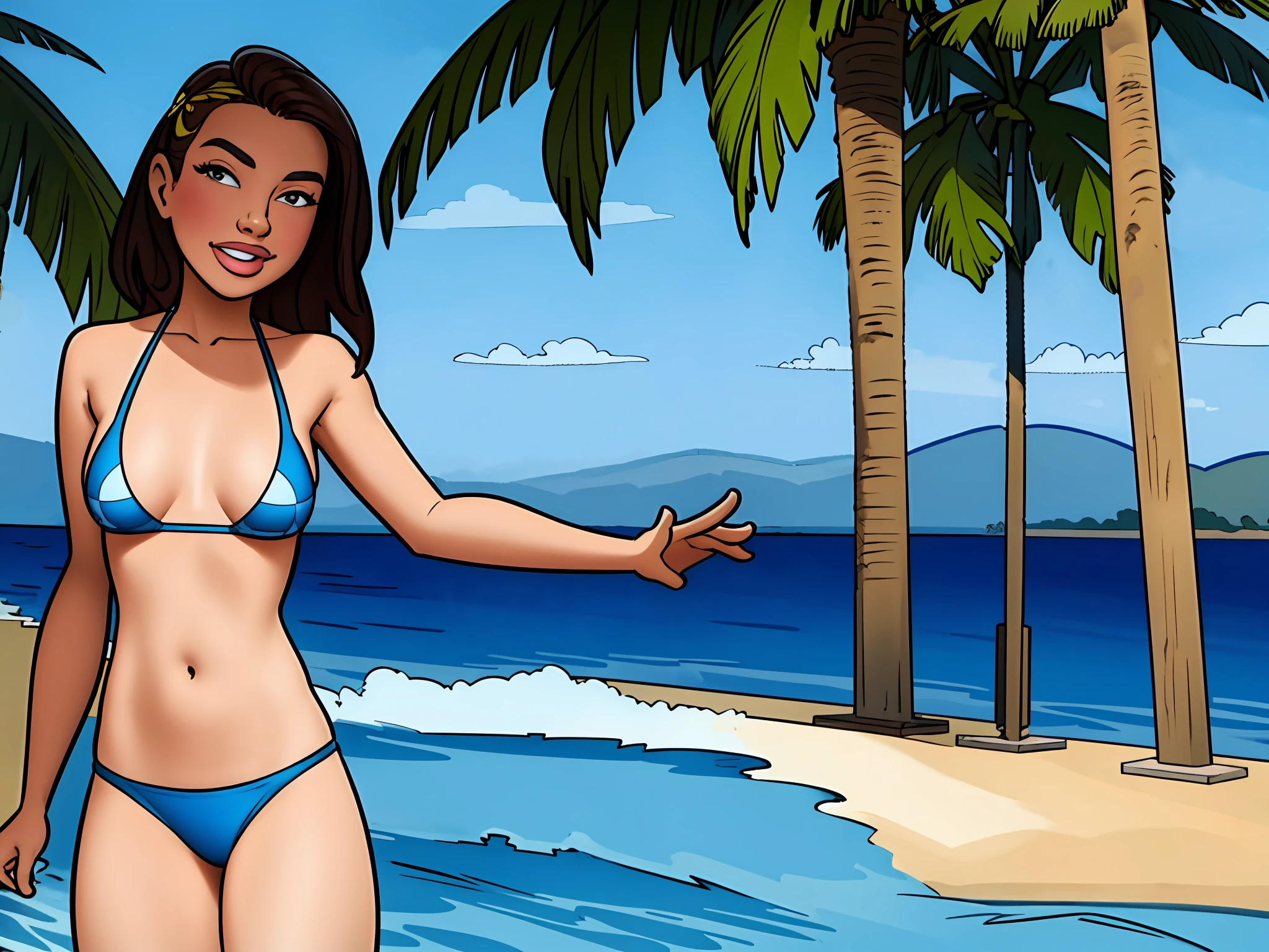 "realistic, photo, beautiful, masterpiece, best quality, 1girl, solo, swimmer, bikini, stylish bikini, small breast, cleavage, tan line, portrait shot, looking at viewer,"