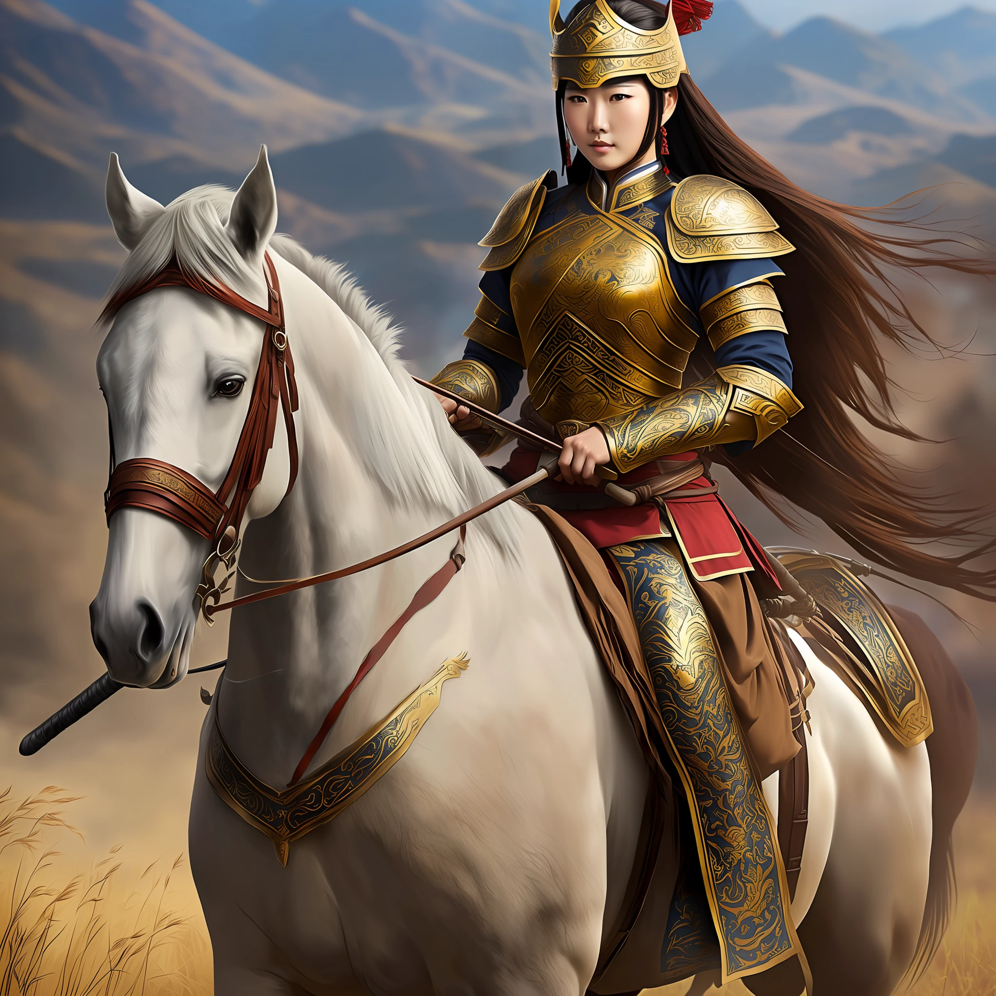 War horses, grasslands, beautiful women, wearing armor, holding Guan Gong swords, invincible, --auto --s2
