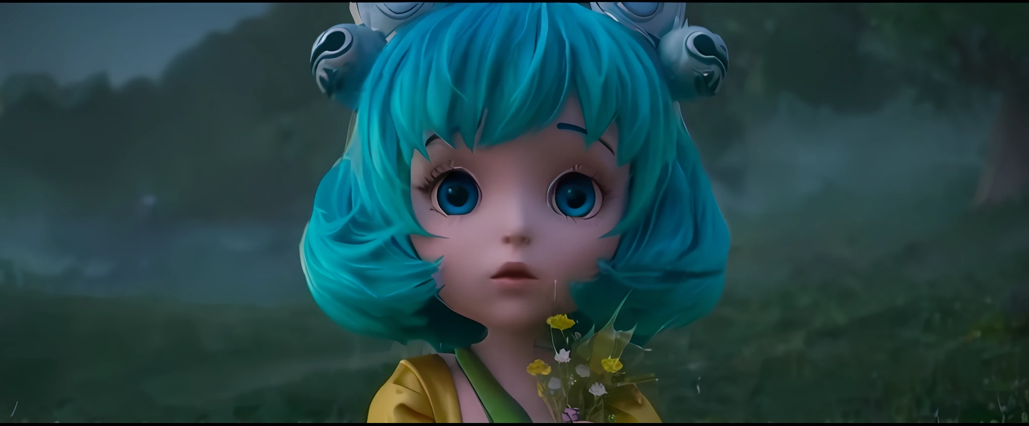 a close up of a doll with blue hair and a green wig, beeple and jeremiah ketner, anime styled 3d, anime girl with teal hair, stylized anime, 4k hd. snow white hair, render of a cute 3d anime girl, cute character, *********** with blue hair, anime cgi, wlop loish and clamp style