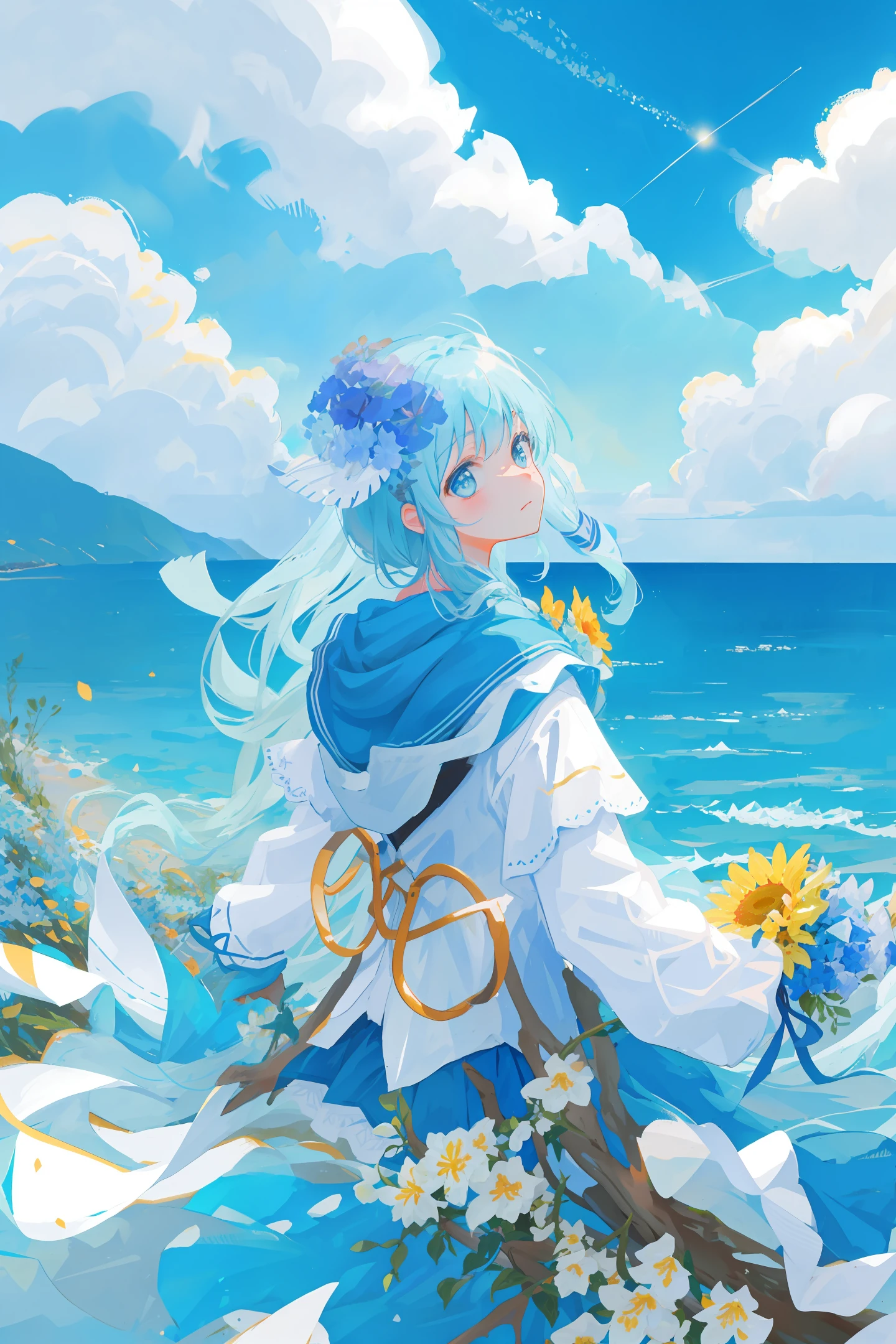Summer clear sky and a sea of flowers far away girl