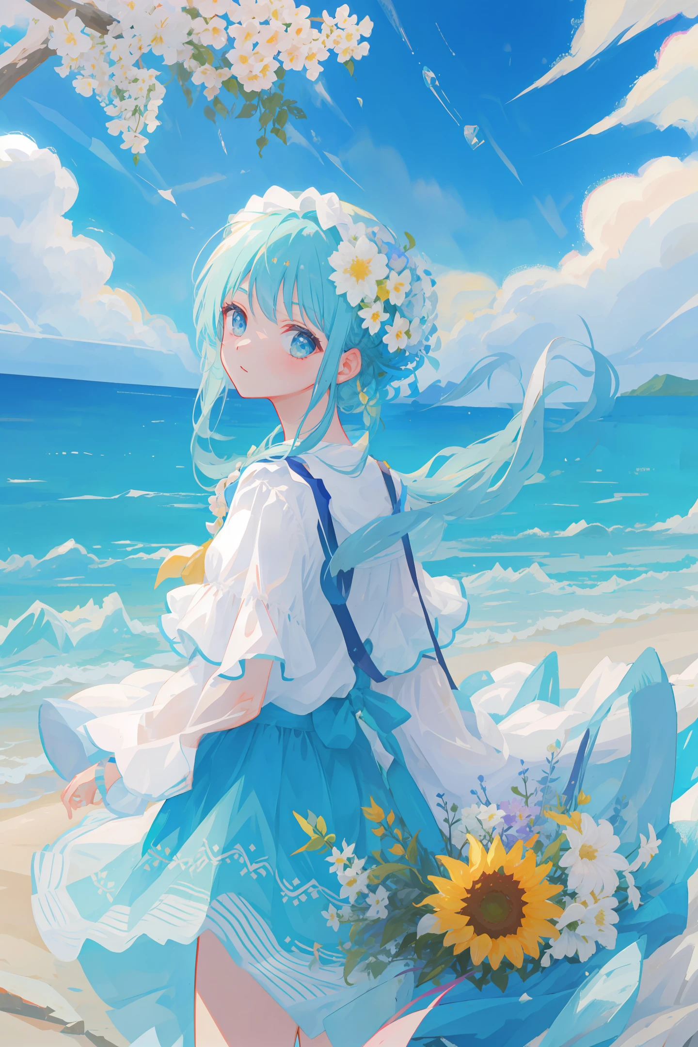 Summer clear sky and a sea of flowers far away girl
