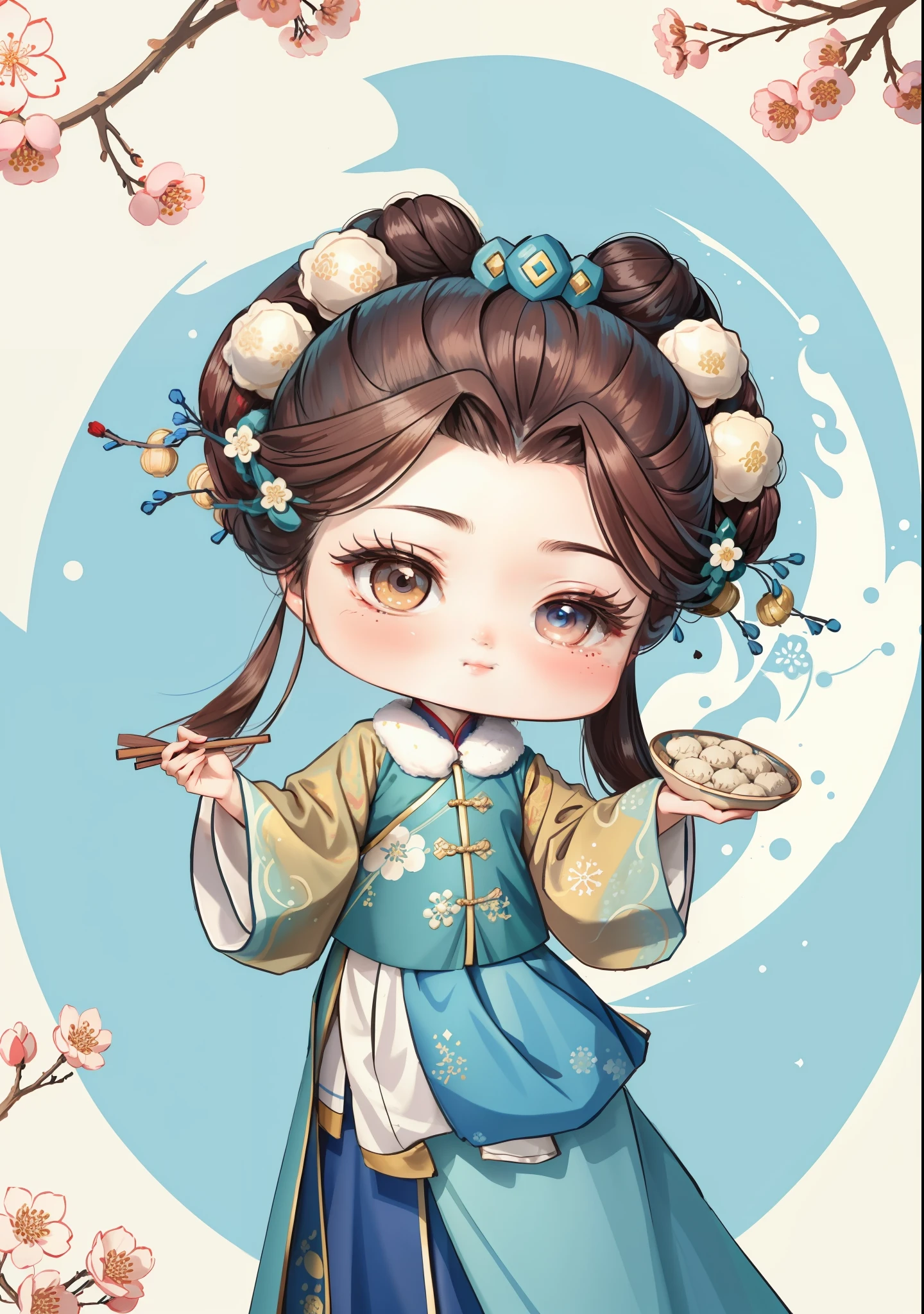 A Chinese girl in Hanfu, holding a plate of dumplings, winter, winter solstice, chopsticks, brown hair, ancient Chinese hair bun, pattern, blue-green color matching, hair balls on both sides, some plum blossom hair, color blocks are bright, bright colors, line art, infinite details, fine painting, exquisite portrayal, blank background 8k,