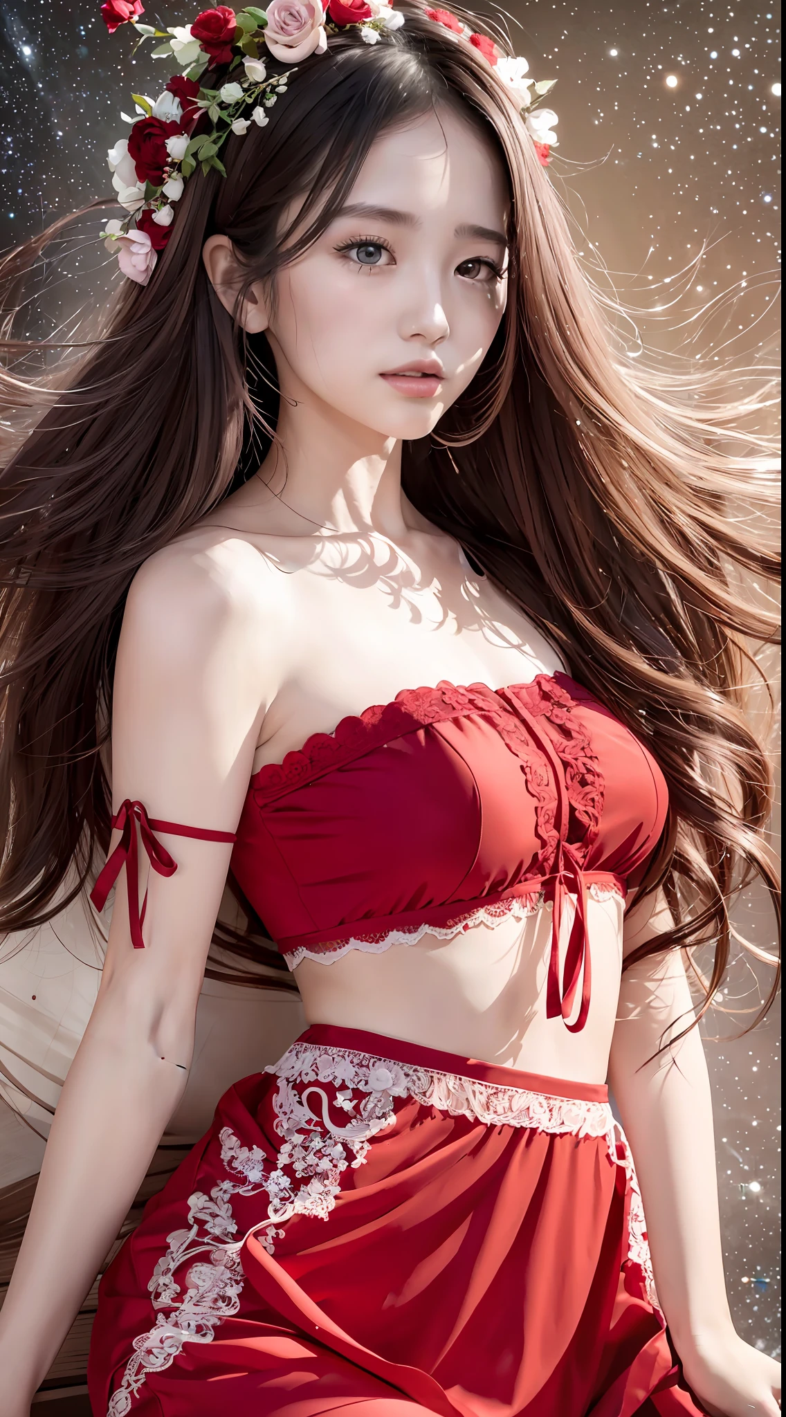 Delicate facial features, a beautiful girl, the top is red bandeau lace, red lace pants underneath, antique dress, hand-held strings, long hair draped over the shoulders, floating in space