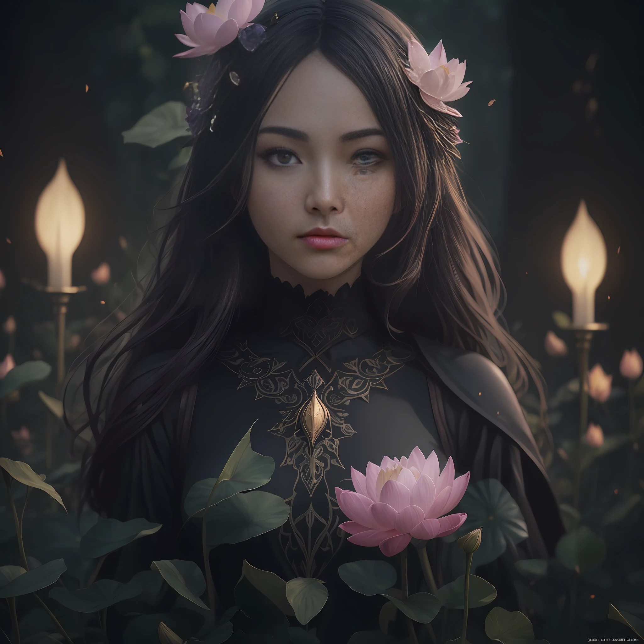 A flower by Kathy Weldon, Olga Kwasa, Miho Hirano, Ultra-detailed complex Gothic art trends on Artstation Ternary Color Unreal Engine 5 Detailed matte painting in Unreal Engine 5, brunet, Dreamlike, complexly detailed, Start screen, complementary colors, fantasy concept art, 8k resolution, A masterpiece of Gothic deviation art, (Dark lens: 0.9), art by Greg Rutkowski and Artgerm, Soft cinematic light, Adobe Lightroom, photolab, HDR, sophisticated, highlydetailed, lotus --auto --s2
