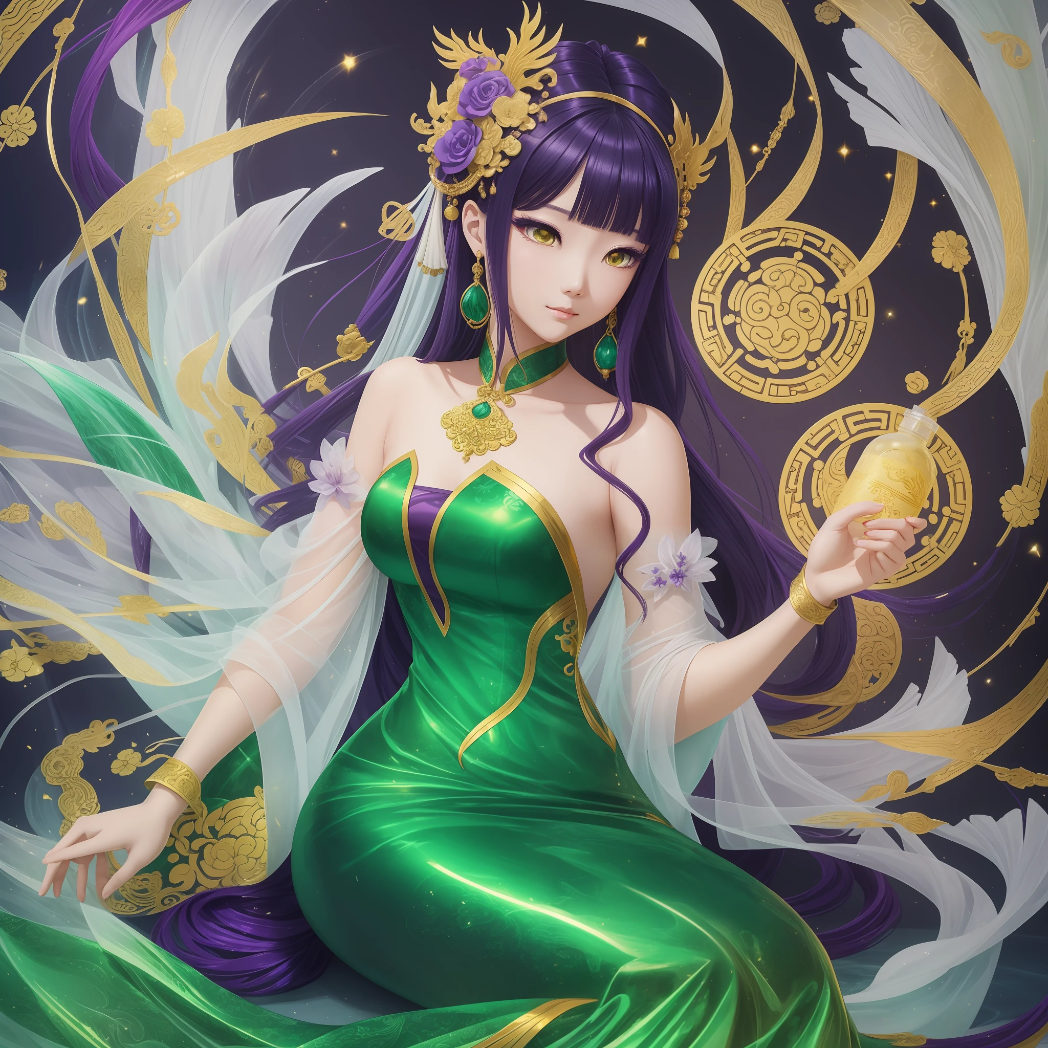 an animation of an asiatic chinese mermaid, in the style of anime art, light gold and bottle green, elegant clothing, dark white and light purple, black paintings, nightcore, 32k uhd --ar 112:213 --s 50
