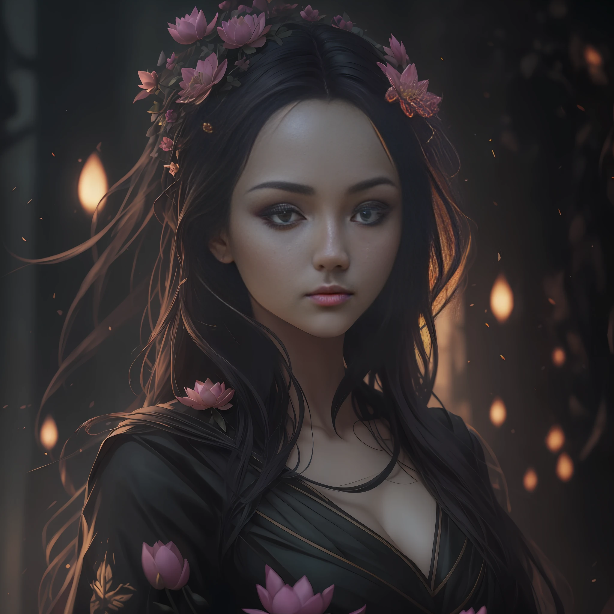 A flower by Kathy Weldon, Olga Kwasa, Miho Hirano, Ultra-detailed complex Gothic art trends on Artstation Ternary Color Unreal Engine 5 Detailed matte painting in Unreal Engine 5, brunet, Dreamlike, complexly detailed, Start screen, complementary colors, fantasy concept art, 8k resolution, A masterpiece of Gothic deviation art, (Dark lens: 0.9), art by Greg Rutkowski and Artgerm, Soft cinematic light, Adobe Lightroom, photolab, HDR, sophisticated, highlydetailed, lotus --auto --s2