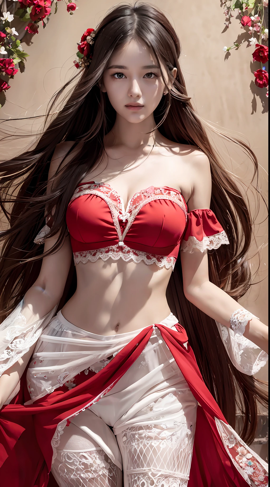 Delicate facial features, a beautiful girl, the top is red bandeau lace, red lace pants underneath, antique dress, hand-held strings, long hair draped over the shoulders, floating in space