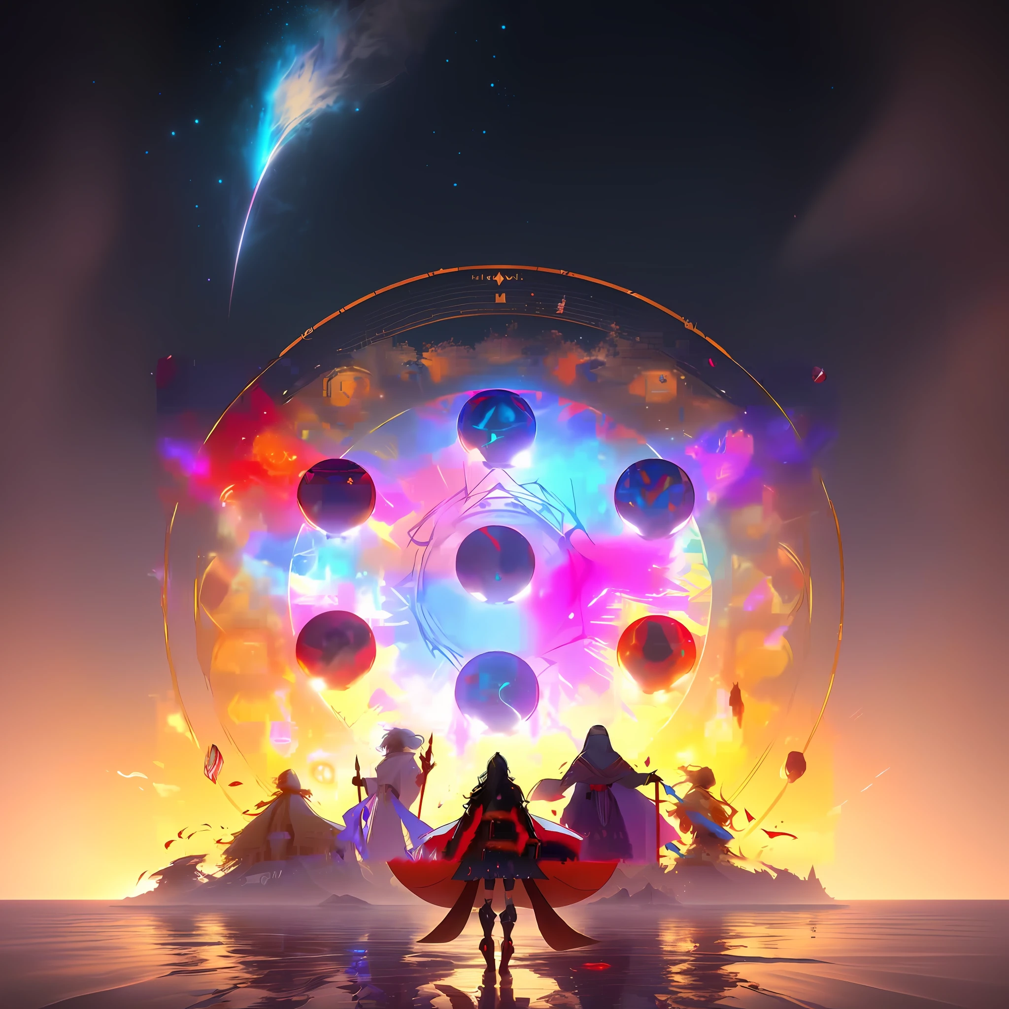 anime characters standing in front of a giant circular object, style of duelyst, onmyoji detailed art, onmyoji, ufotable art style, 8 k hd wallpaperjpeg artifact, 8k hd wallpaperjpeg artifact, anime epic artwork, spirits coming out of portal, fate grand order, genshin impact, anime art wallpaper 8 k