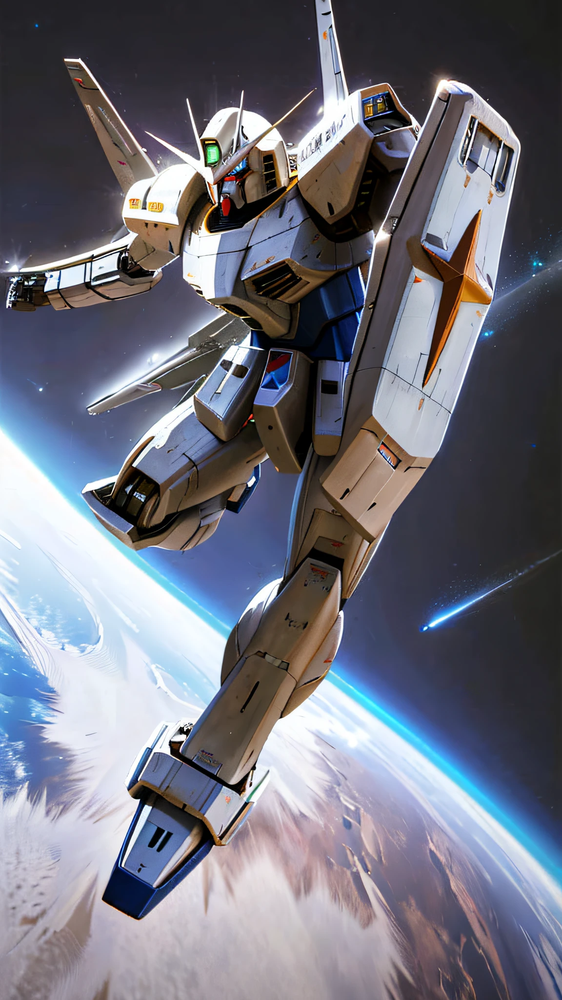 ((masterpiece)), (solo:1.4), a (((mecha))) with sleek and menacing design, glowing eyes, full body, highly detailed, high detailed background, battle, planet, hovering, a huge shield, shoulder armor, science fiction, fighter plane flying over the earth in space with the moon in the background, concept art, space art,
