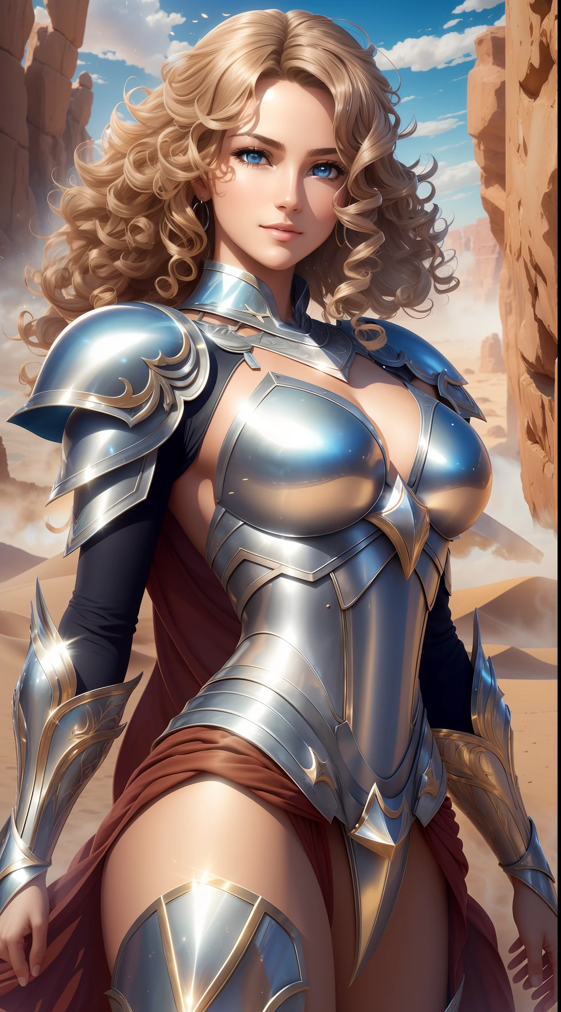 Award-winning high (1 girl: 1.2) concept art in silver shiny gorgeous armor in desert, epic, God ray, center, (masterpiece: 1.2), (best quality: 1.2), stunning, highly detailed, chest exposed, fine details, warm soft color grading, depth of field, extremely detailed 8k, fine art, stunning, iridescent, shiny, (light reflection: 1.2), (brittle: 1.5), curly hair, wind, sandstorm, vibrant, sun exposure, edge inspection part up