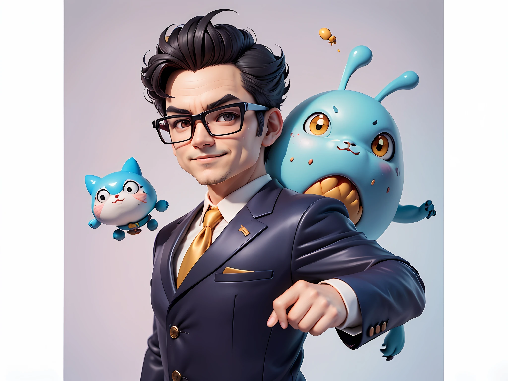 Masterpiece), (Excellent), (Super Meticulous), (Full Body: 1.2), Super Young Woman, Beautiful, Sexy, Bursting, Oriental Face, TV Anchor, Bust Portrait Illustration, Alone, Black Suit, Blue Tie, Silver Glasses, Slightly Chubby Face, Very Clean Face, No Beard, Black Super Short Hair, Black Eyes, Confident Smile, 3c Computer Sub-Products, iPad, iPhone, Digital Painting, 3D Character Design by Akira Toriyama with Mark Claireden and Pixar and Hayao Miyazaki, The illustration is a high-definition illustration in 4K resolution with very detailed facial features and cartoon-style visuals.