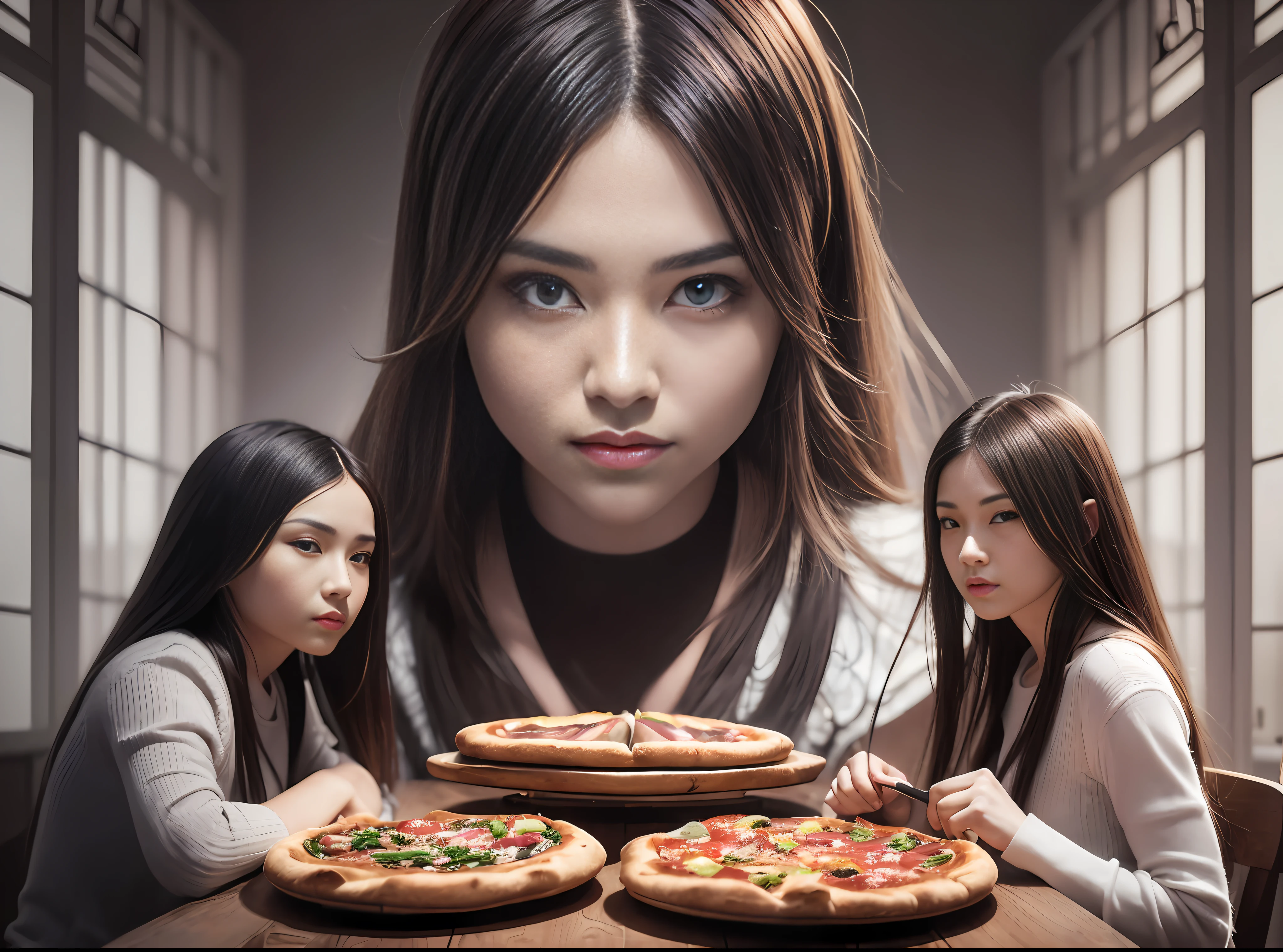 Ultra wide angle
(in focus)
(beautiful realistic)
Make sure that the face and eyes have a high level of detail, with minimal alteration of the original expression (highly detailed face and eyes:1.3)
Change the characteristic of an average shot, as it is a meeting with people sitting at a large table with pizzas
Work the lighting artistically, creating a harmonious nocturnal atmosphere, avoiding overexposure, but maintaining adequate lighting according to the environment of the place (art of lighting)
Create a cinematic style, similar to a movie scene (cinematic)
Ensure insane details and hyper-detailed quality
Avoid distortions, deformities and other negative points mentioned --auto --s2