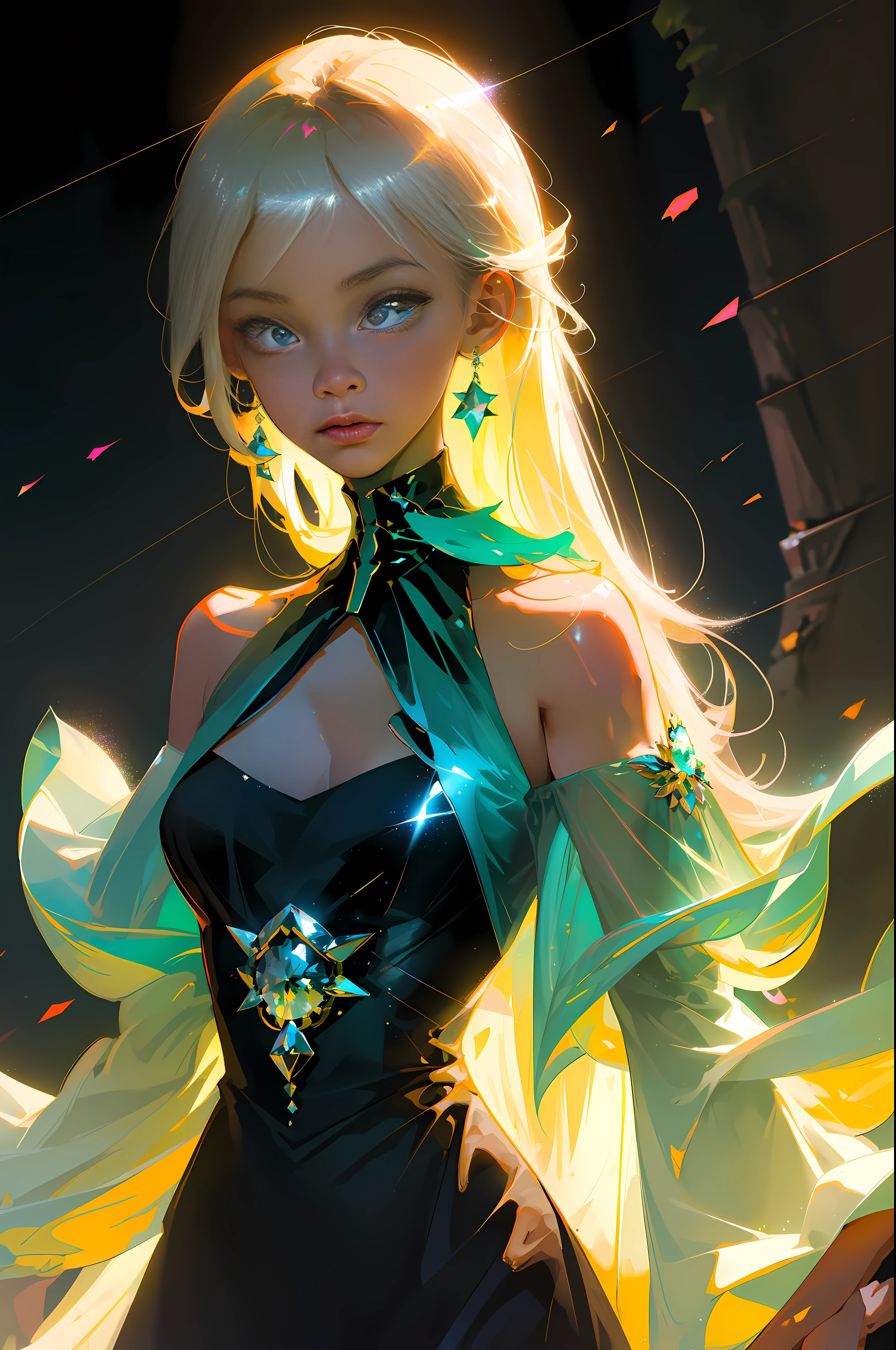 Masterpiece, best quality, super high resolution, fluorescent color,1 girl, looking at the audience, beautiful face, beautiful eyes, (bare shoulder: 1.2), head up, upper body, forest, shiny hair, shiny skin, glowing cut, chibi, hands not shown: 1.5, black starlight dress, particles