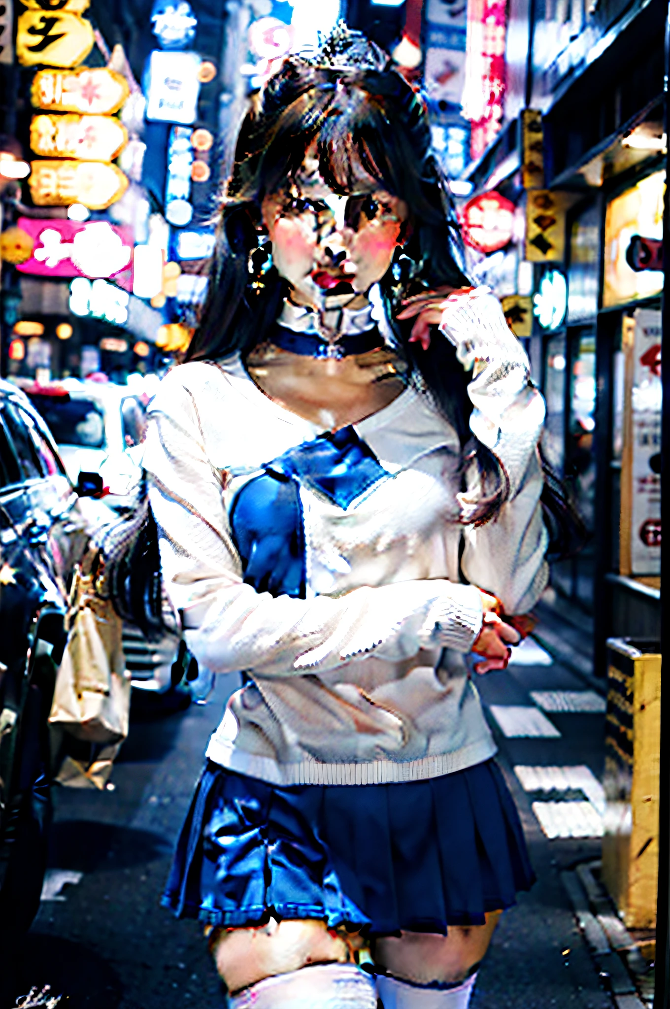 1girl, happy,smirk, Tokyo street, cityscape, city lights,day,.Flexing, close-up, 8k, RAW photo, best quality, masterpiece, realistic, photo-realistic, masterpiece,bestquality,highres,mer1,tiara,sailorsenshiuniform,long hair, stockings,bluesailorcollar,bow,kneeboots,choker,whitegloves,bluechoker,elbowgloves,jewelry,earrings,blueskirt, .