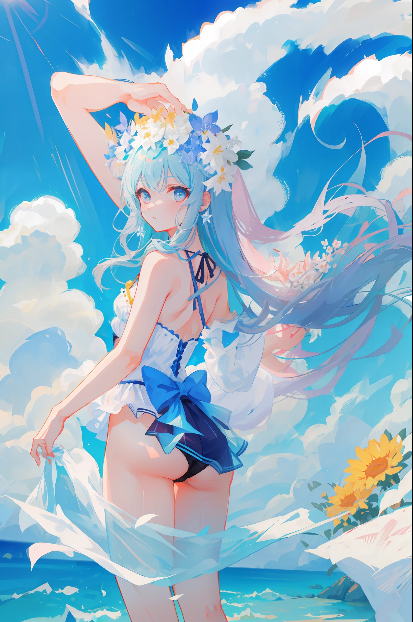 Summer clear sky flower sea far girl back, bare buttocks,