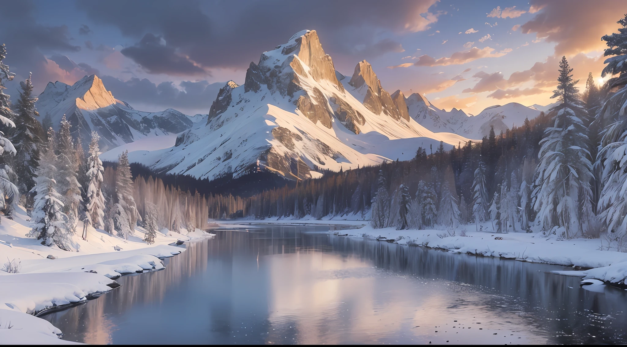 snowy mountains with a river , 4k highly detailed digital art, majestic snowy mountains, 4k hd matte digital painting, beautiful art uhd 4 k, 8k resolution digital painting, 8 k resolution digital painting, 8 k matte painting, 8k matte painting, illustration matte painting, 8k stunning artwork, snowy mountain landscape --auto --s2