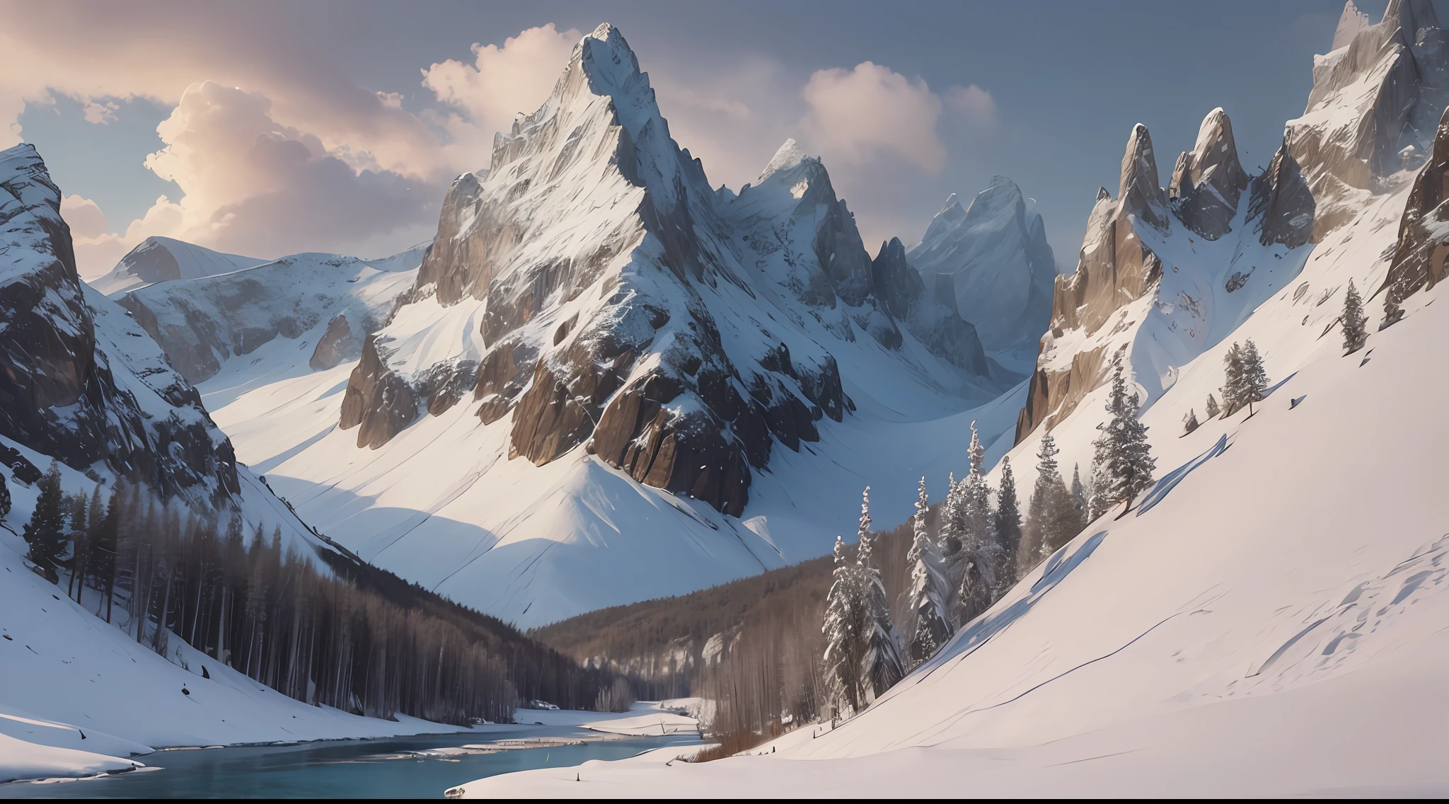 snowy mountains with a river , 4k highly detailed digital art, majestic snowy mountains, 4k hd matte digital painting, beautiful art uhd 4 k, 8k resolution digital painting, 8 k resolution digital painting, 8 k matte painting, 8k matte painting, illustration matte painting, 8k stunning artwork, snowy mountain landscape --auto --s2
