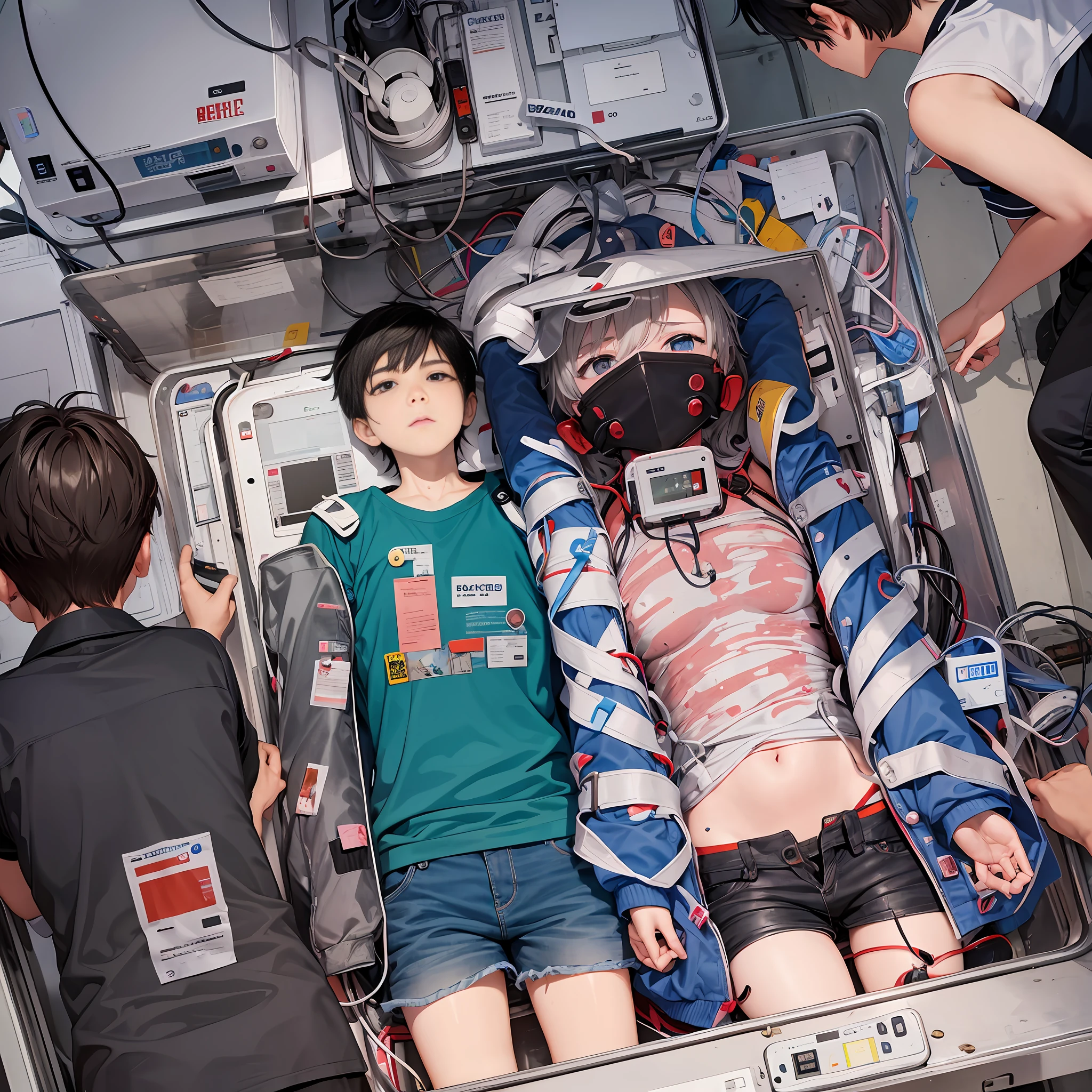Junior high school students with many tubes inserted in their bodies, junior high school students who were resuscitation by heart, junior high school students who were rescued by AEDs, boys with ECG patches attached to their bodies, thin boys, boys lying on medical beds, boys with thin ankles, handsome boys, 15-year-old boys, hospitals, emergency wards. --auto --s2