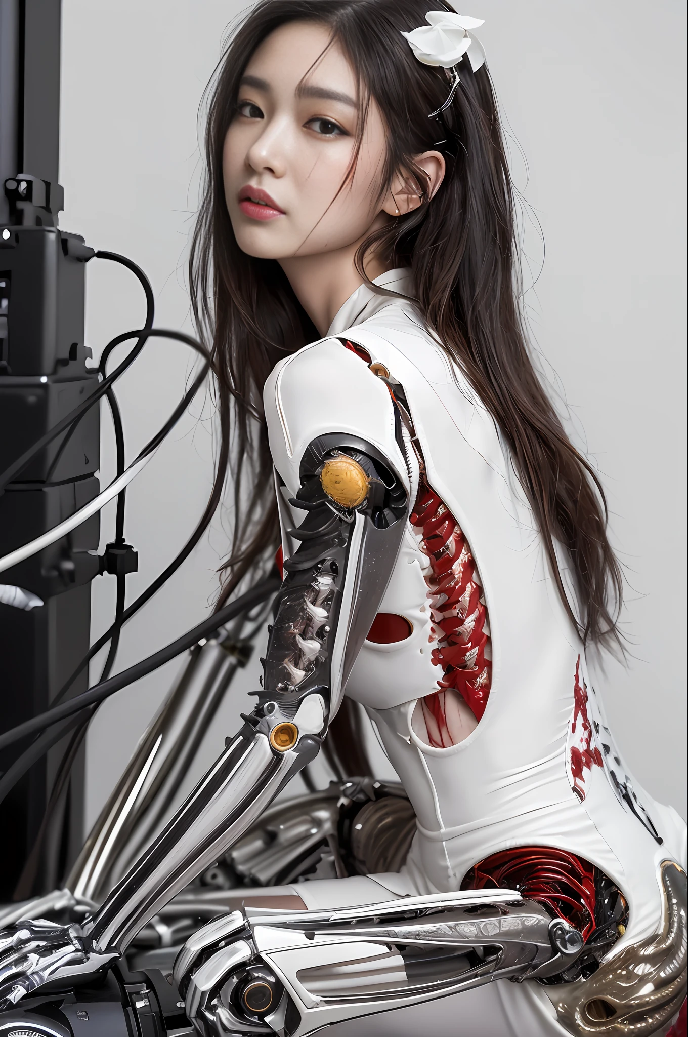 (masterpiece, top quality, best quality, official art, beautiful and aesthetic:1.2), (1girl:1.3), extreme detailed,colorful,highest detailed ((ultra-detailed)), (highly detailed CG illustration), ((an extremely delicate and beautiful)),(from side),cinematic light,((1mechanical girl)),solo,full body,(machine made joints:1.2),((machanical limbs)),(blood vessels connected to tubes),(mechanical vertebra attaching to back),((mechanical cervial attaching to neck)),(sitting),expressionless,(wires and cables attaching to neck:1.2),(wires and cables on head:1.2)(character focus),science fiction,white background,(blood:1.5)
