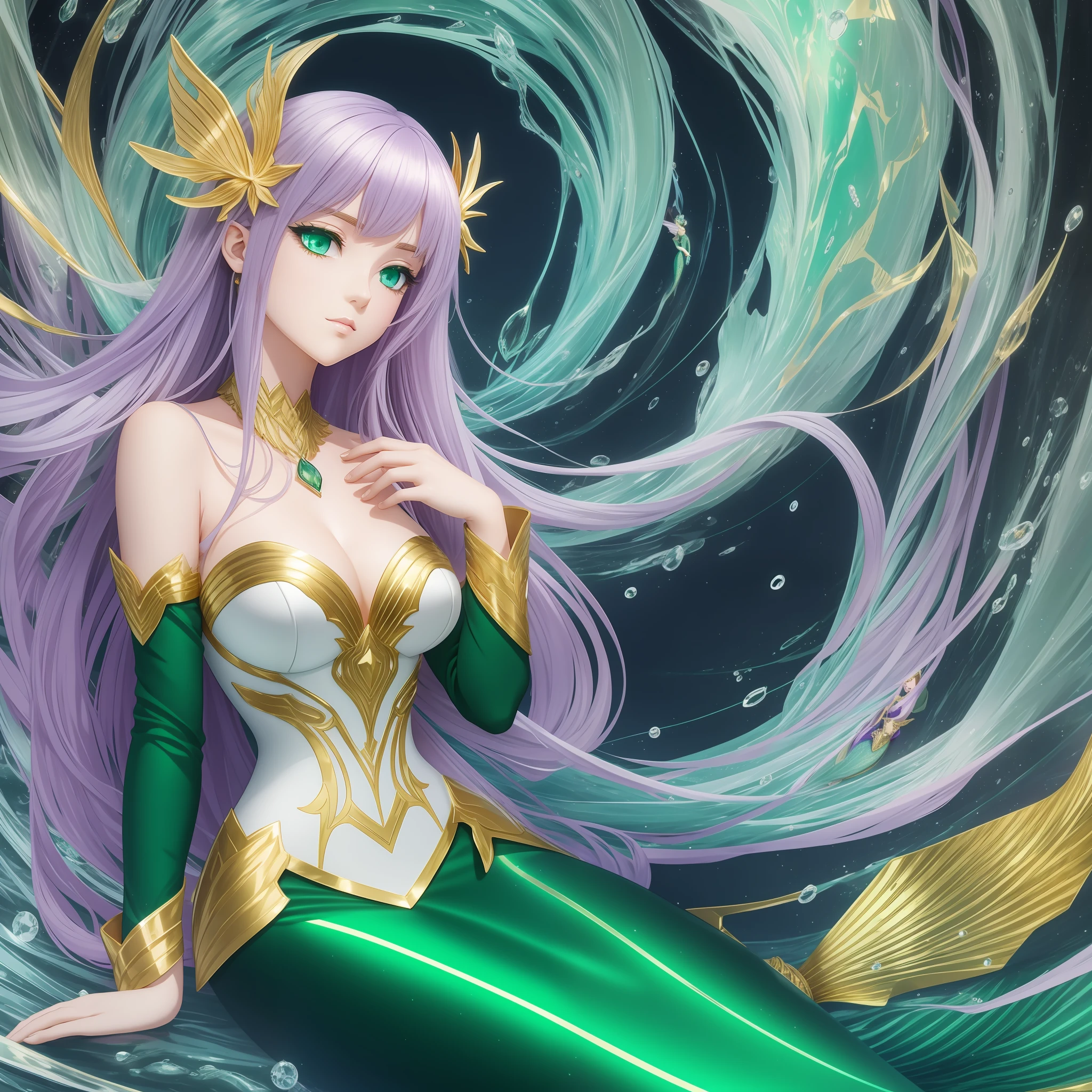 European mermaid type animation, anime art style, light gold and bottle green, elegant clothes, dark white and light purple, black paintings, nightcore, 32k uhd --ar 112:213 --s 50