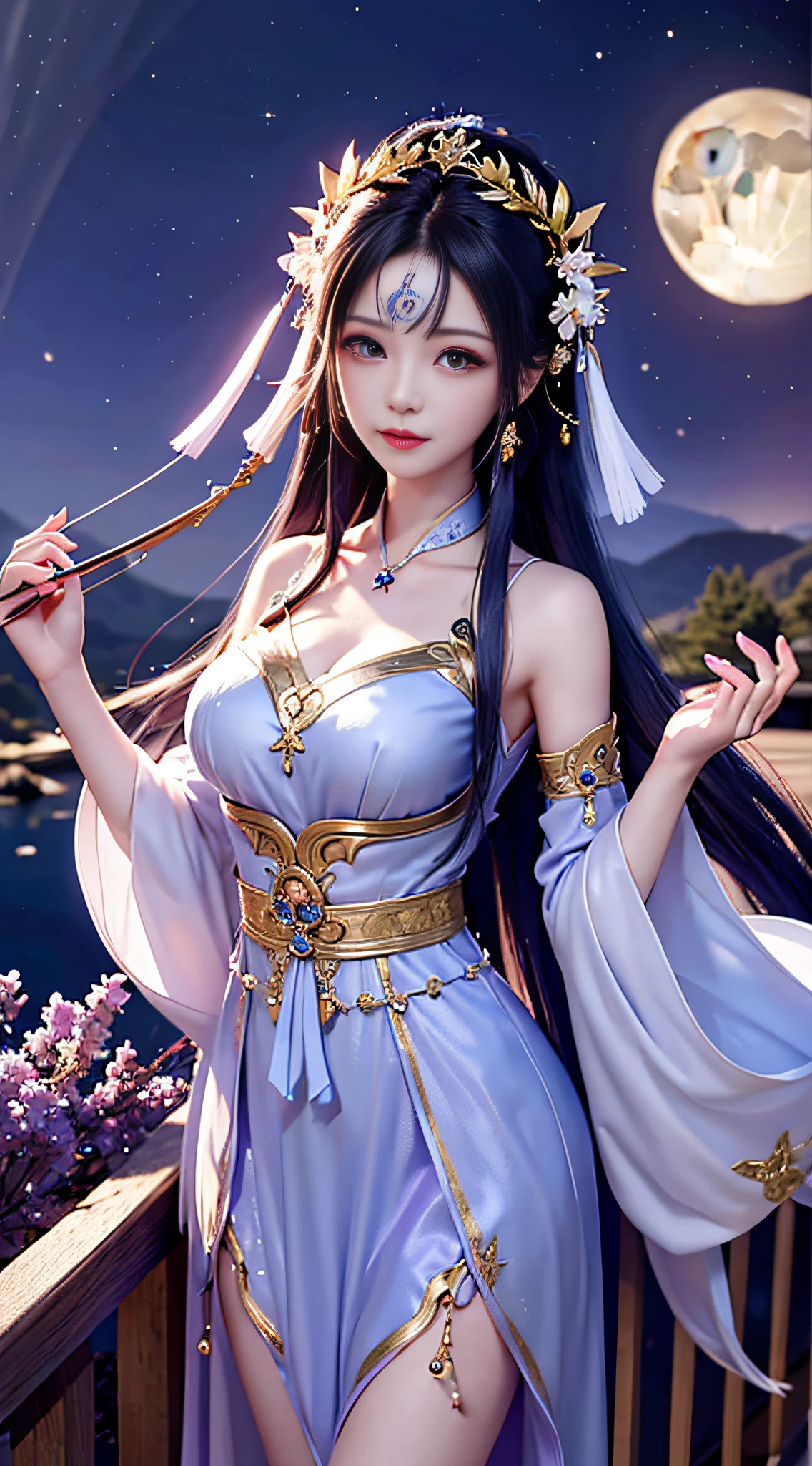 the moon, moon light, fullmoon, night, Deep blue sky, violet, Lilac clothes, chest length skirt, with long black hair, Long hair and waist, beautiful maiden, God, divinity, white headpiece, Sit on the railing, violin, twin braids, hair strand, diagonal bangs, hair ribbon, hair ornament, forehead jewel, jeweled branch of hourai, crescent hair ornament, fish hair ornament, god rays, sparkle, cinematic lighting, lens flare, UHD, high details, high quality, highres, best quality, 8k, 16k, high details, high quality, super detail, anatomically correct, masterpiece, ccurate