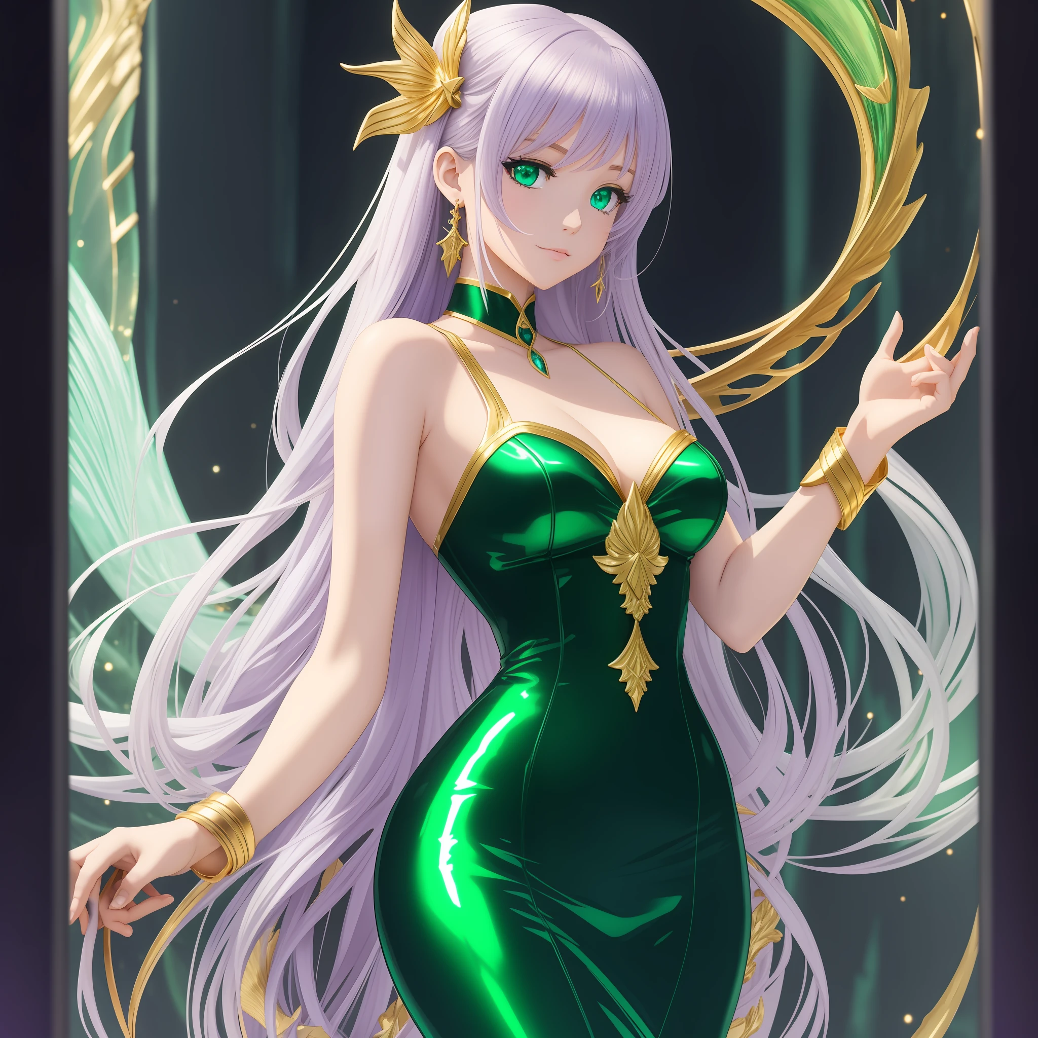 European mermaid type animation, anime art style, light gold and bottle green, elegant clothes, dark white and light purple, black paintings, nightcore, 32k uhd --ar 112:213 --s 50