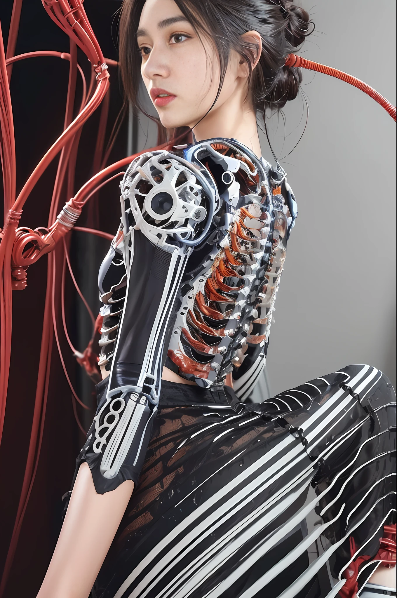(masterpiece, top quality, best quality, official art, beautiful and aesthetic:1.2), (1girl:1.3), extreme detailed,colorful,highest detailed ((ultra-detailed)), (highly detailed CG illustration), ((an extremely delicate and beautiful)),(from side),cinematic light,((1mechanical girl)),solo,full body,(machine made joints:1.2),((machanical limbs)),(blood vessels connected to tubes),(mechanical vertebra attaching to back),((mechanical cervial attaching to neck)),(sitting),expressionless,(wires and cables attaching to neck:1.2),(wires and cables on head:1.2)(character focus),science fiction,white background,(blood:1.5)