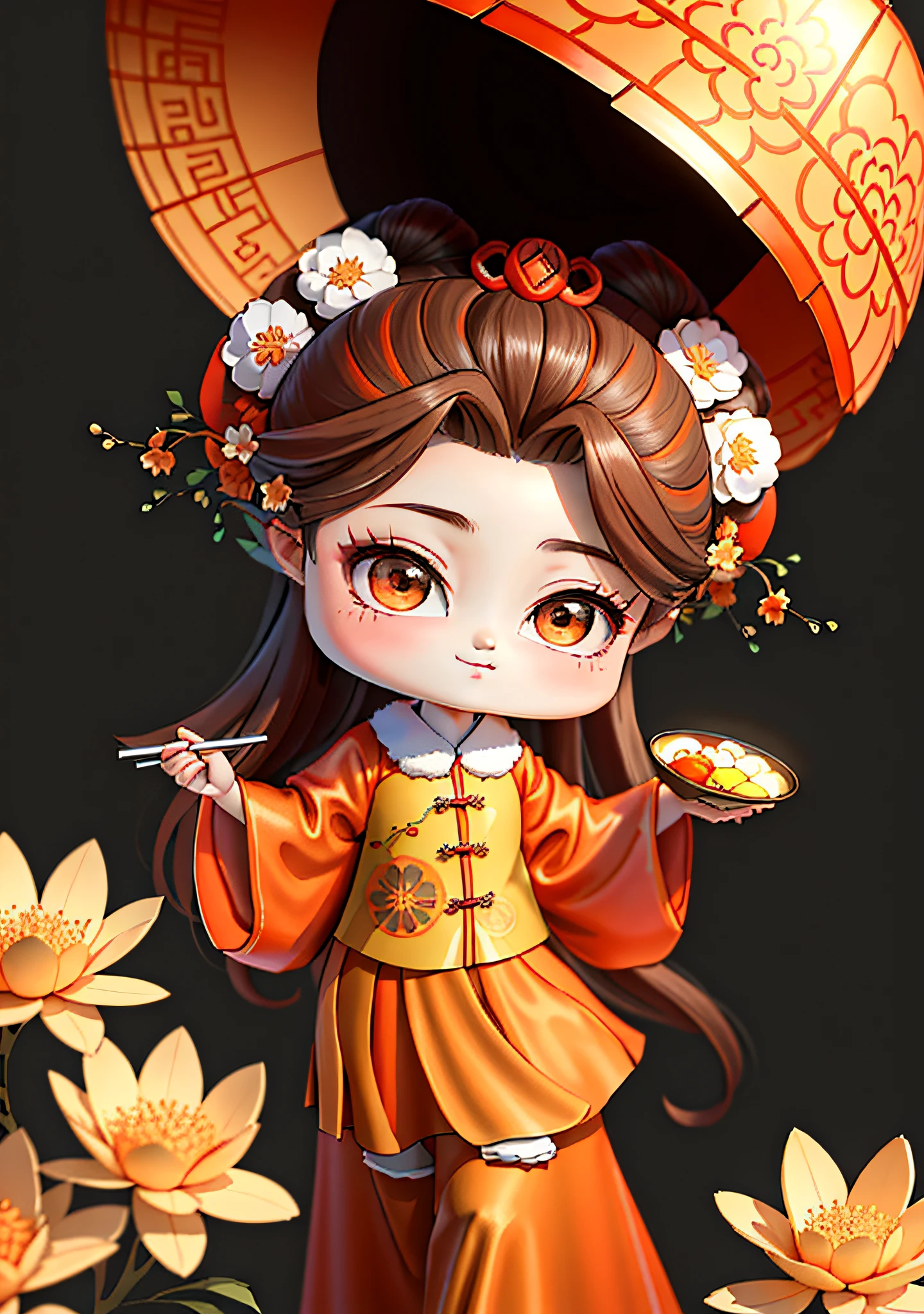 A Chinese girl in Hanfu, carrying a lantern, autumn, Mid-Autumn Festival, mooncakes, dark brown hair, ancient Chinese hair bun, pattern, orange-red skirt, cyan-orange color matching, osmanthus flowers on both sides of the hair, some metal flower headdress, bright color blocks, bright colors, line art, infinite details, fine painting, exquisite depiction, blank background 8k,