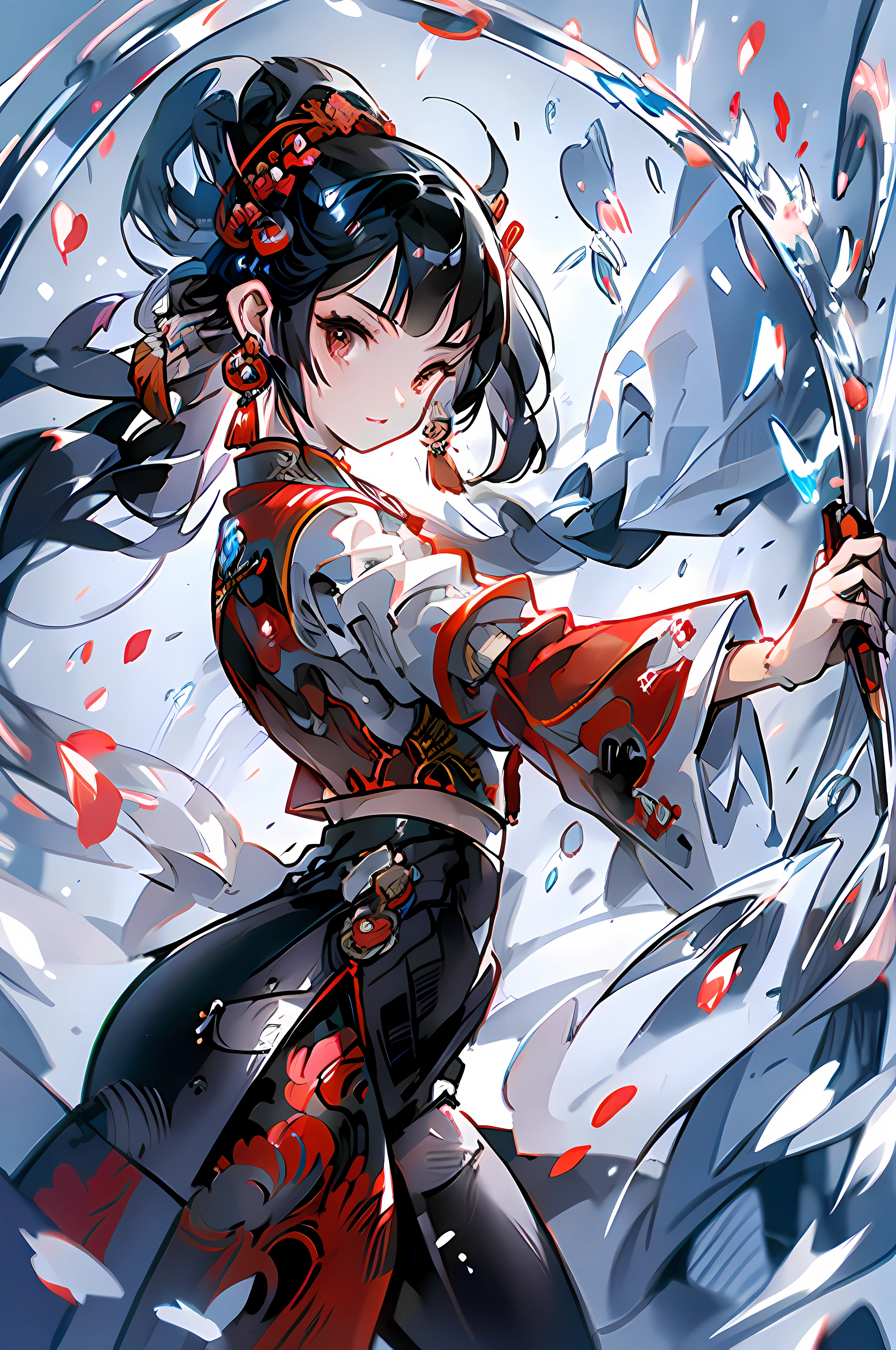 Masterpiece, 1 girl, wearing red Hanfu, traditional Chinese fabric, ((holding a water sword,)) long black hair, braids, dynamic pose, battle stance, close-up, blue wave background, water effect,