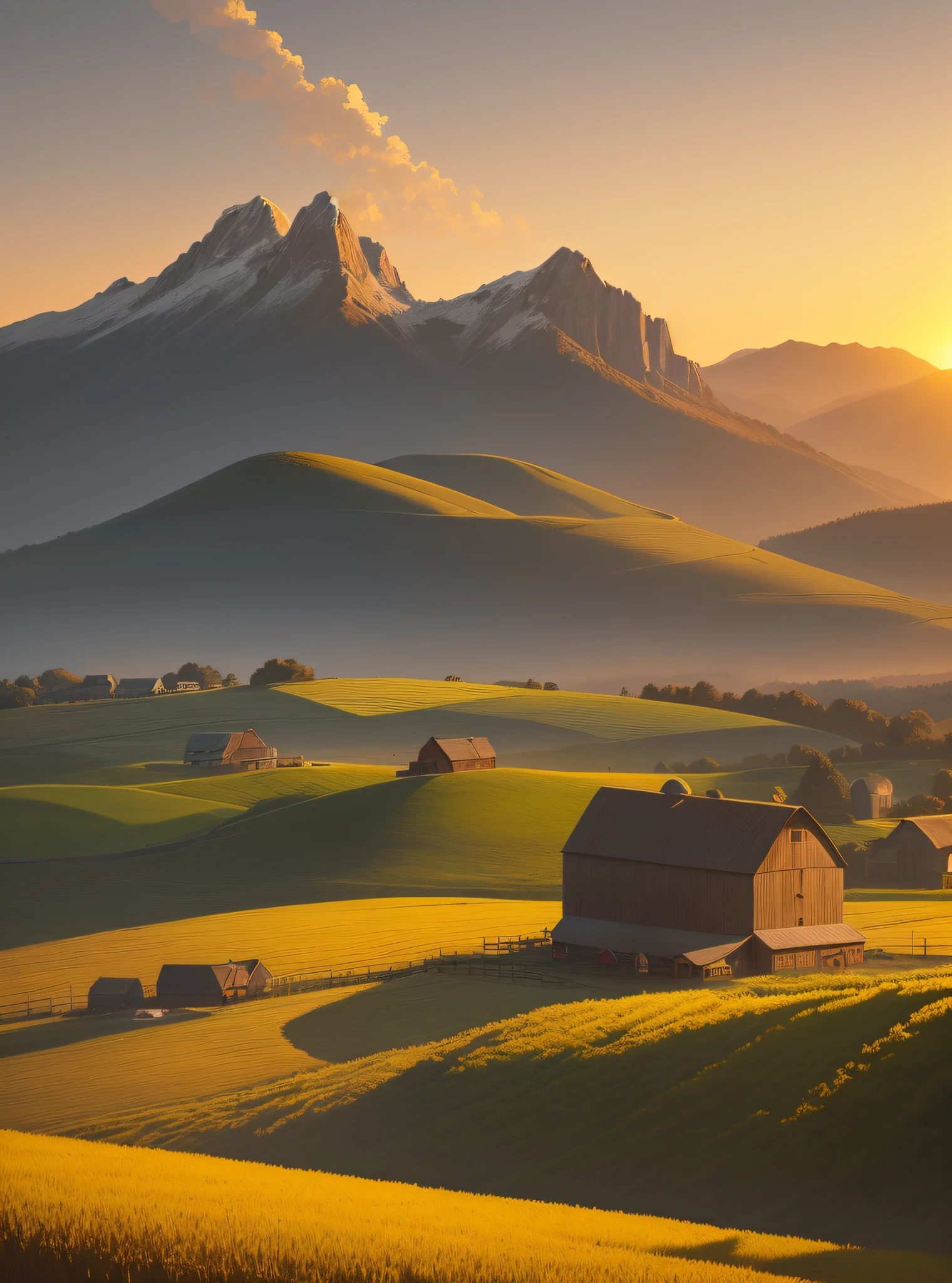 farm, wheat, barn, farmer, hat on head, scarecrow, mountainous background, farmhouse, sunset, yellow sky