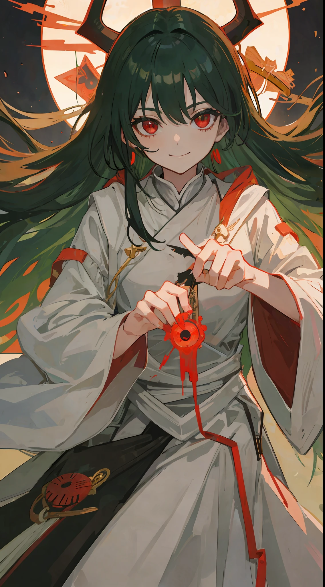 1girl, dark green hair, fiery red eyes, wears white robe, she smile like a psychopath, make it like tarot anime-style but no frame