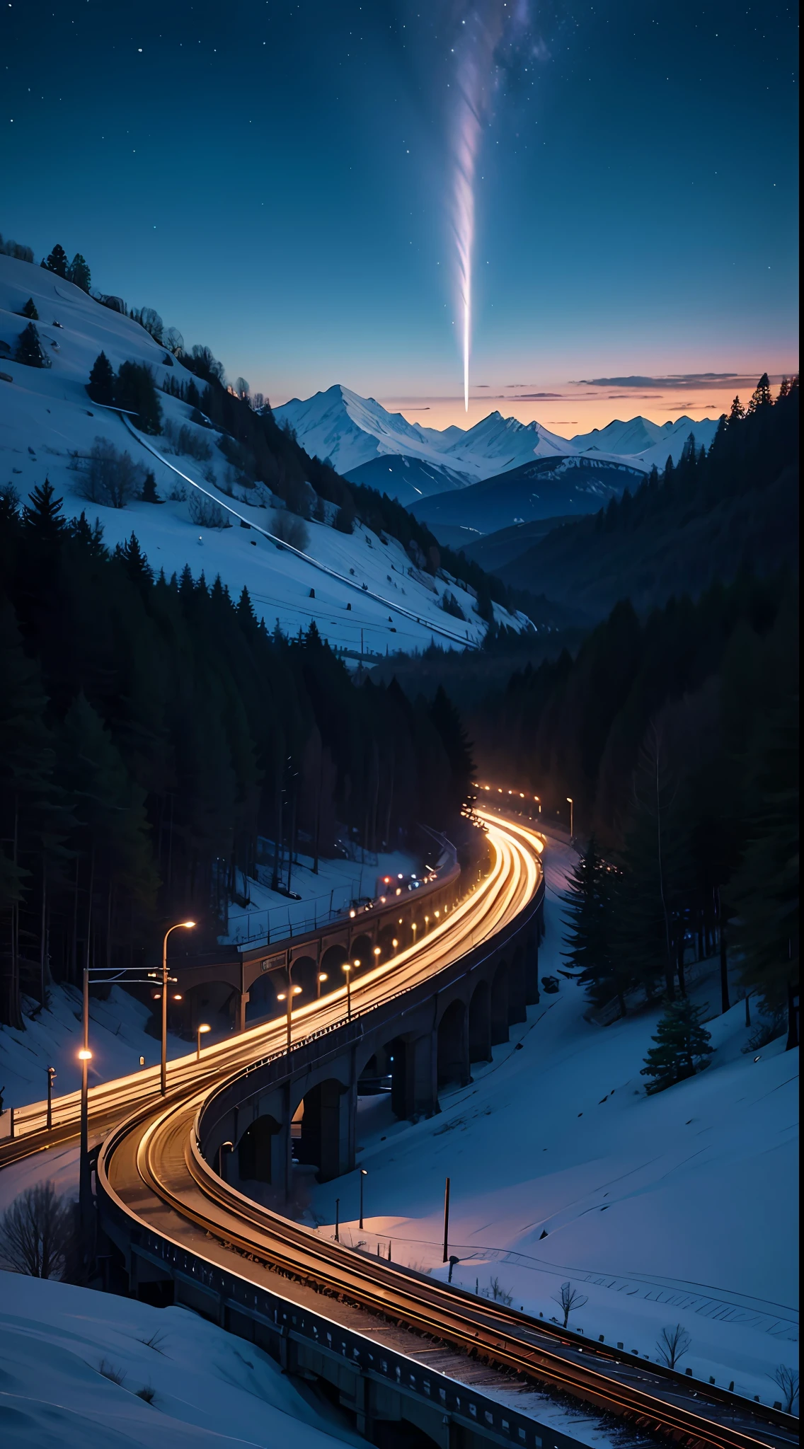 There is a train running along the tracks in the snow, Makoto Shinkai's concept art, tumblr, magic realism, beautiful anime scenes, cosmic sky. by makoto shinkai, ( ( makoto shinkai ) ), anime background art, anime backgrounds, Makoto Shinkai's style, anime movie backgrounds, galaxy express, no humans.