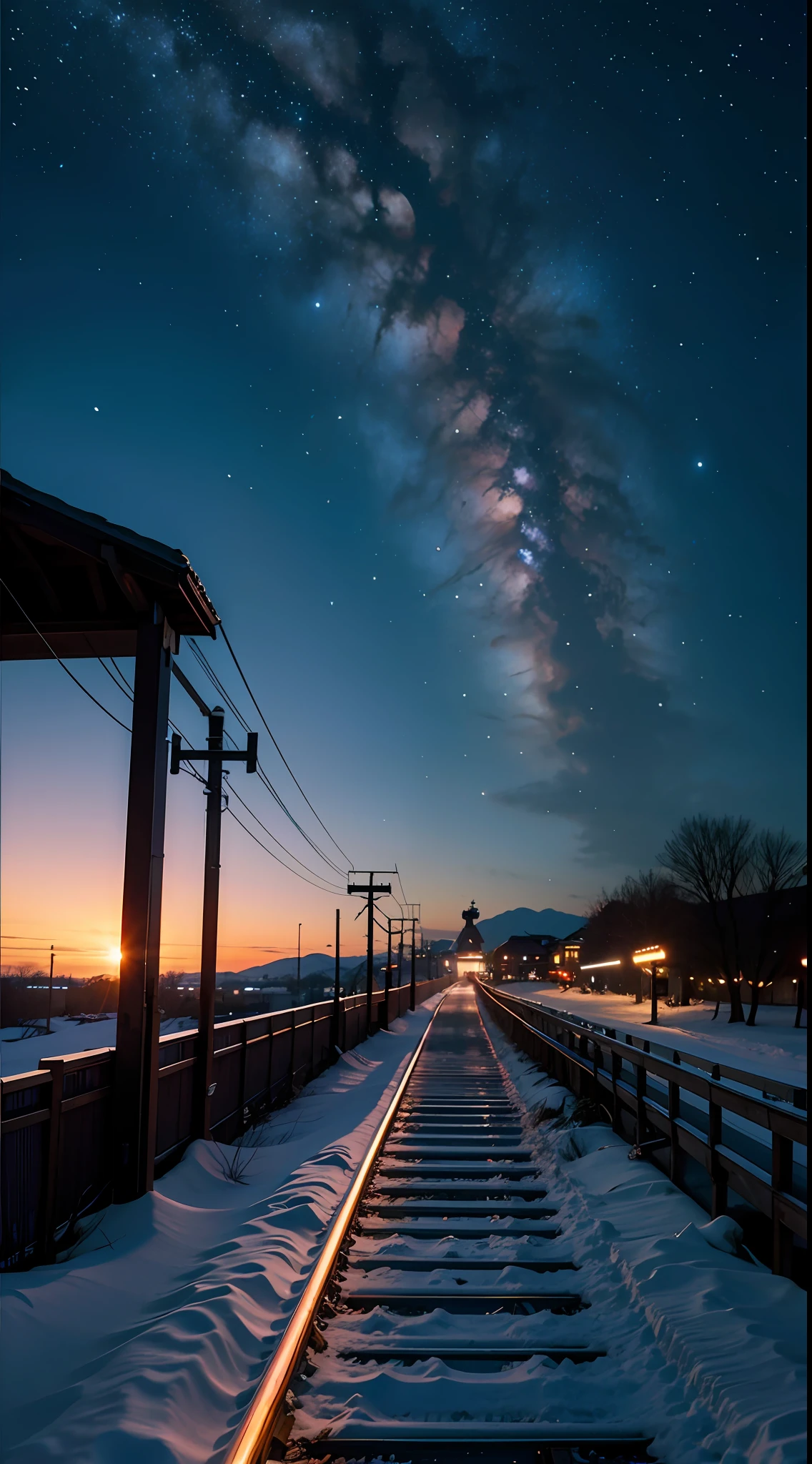 There is a train running along the tracks in the snow, Makoto Shinkai's concept art, tumblr, magic realism, beautiful anime scenes, cosmic sky. by makoto shinkai, ( ( makoto shinkai ) ), anime background art, anime backgrounds, Makoto Shinkai's style, anime movie backgrounds, galaxy express, no humans.
