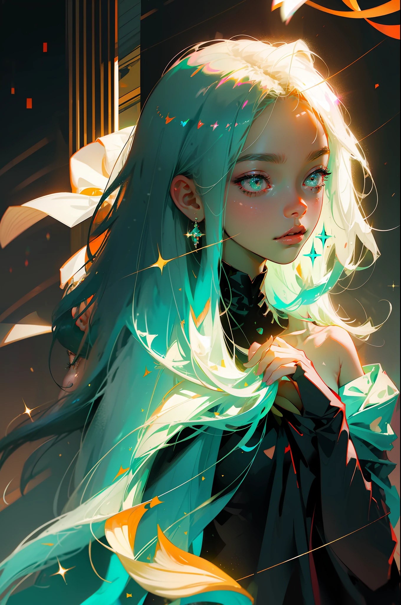 Masterpiece, best quality, super high resolution, fluorescent color,1 girl, looking at the audience, beautiful face, beautiful eyes, (bare shoulder: 1.2), head up, upper body, forest, shiny hair, shiny skin, glowing cut, chibi, hands not shown: 1.5, black starlight dress, particles