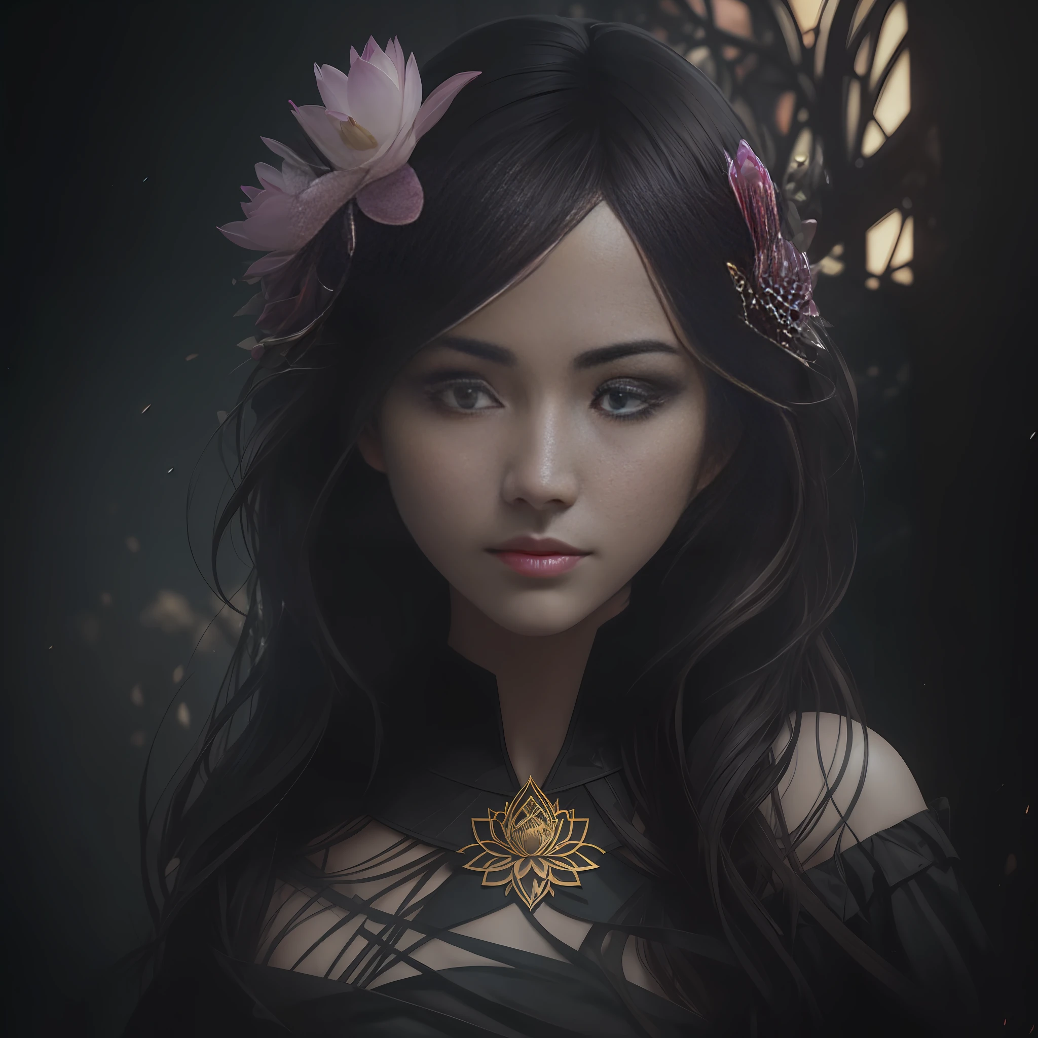 A flower by Kathy Weldon, Olga Kwasa, Miho Hirano, Ultra-detailed complex Gothic art trends on Artstation Ternary Color Unreal Engine 5 Detailed matte painting in Unreal Engine 5, brunet, Dreamlike, complexly detailed, Start screen, complementary colors, fantasy concept art, 8k resolution, A masterpiece of Gothic deviation art, (Dark lens: 0.9), art by Greg Rutkowski and Artgerm, Soft cinematic light, Adobe Lightroom, photolab, HDR, sophisticated, highlydetailed, lotus --auto --s2