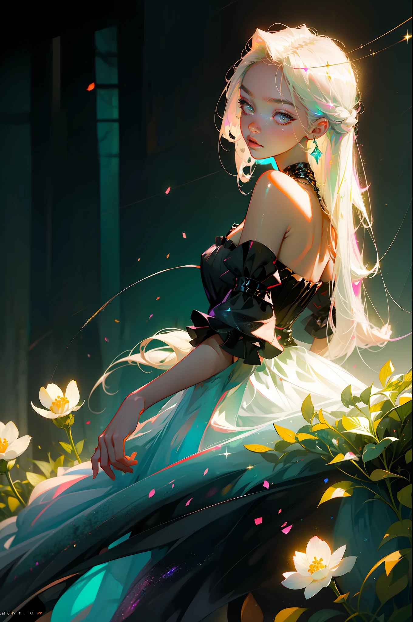 Masterpiece, best quality, super high resolution, fluorescent color,1 girl, looking at the audience, beautiful face, beautiful eyes, (bare shoulder: 1.2), head up, upper body, forest, shiny hair, shiny skin, glowing cut, chibi, hands not shown: 1.5, black starlight dress, particles