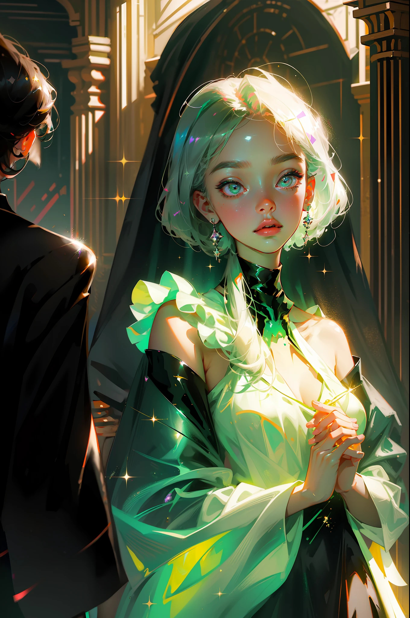 Masterpiece, best quality, super high resolution, fluorescent color,1 girl, looking at the audience, beautiful face, beautiful eyes, (bare shoulder: 1.2), head up, upper body, forest, shiny hair, shiny skin, glowing cut, chibi, hands not shown: 1.5, black starlight dress, particles