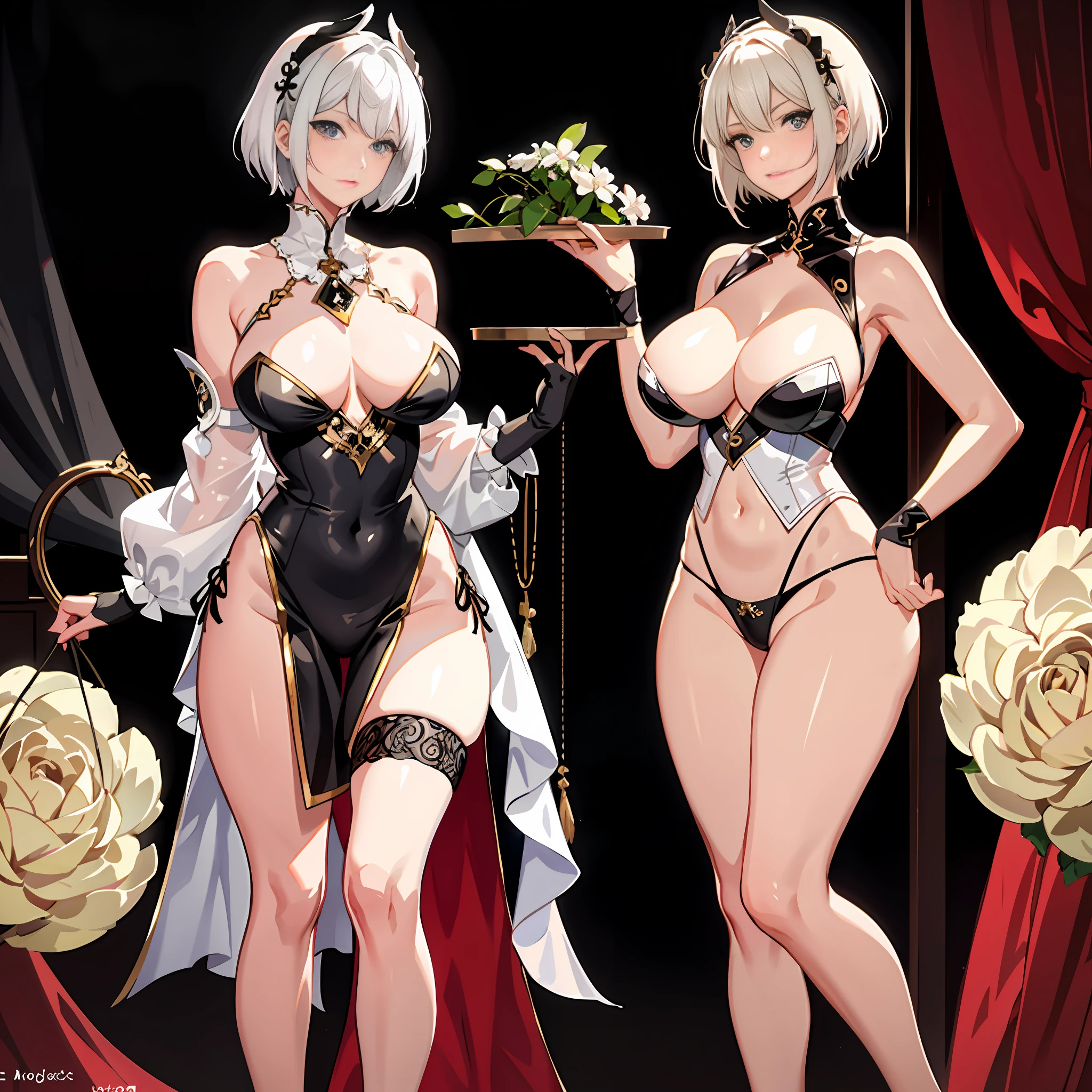 Short white hair, big breasts, half-exposed breasts, black stockings, jade feet, beautiful legs, fleshy thighs, hands spread thighs to expose panties