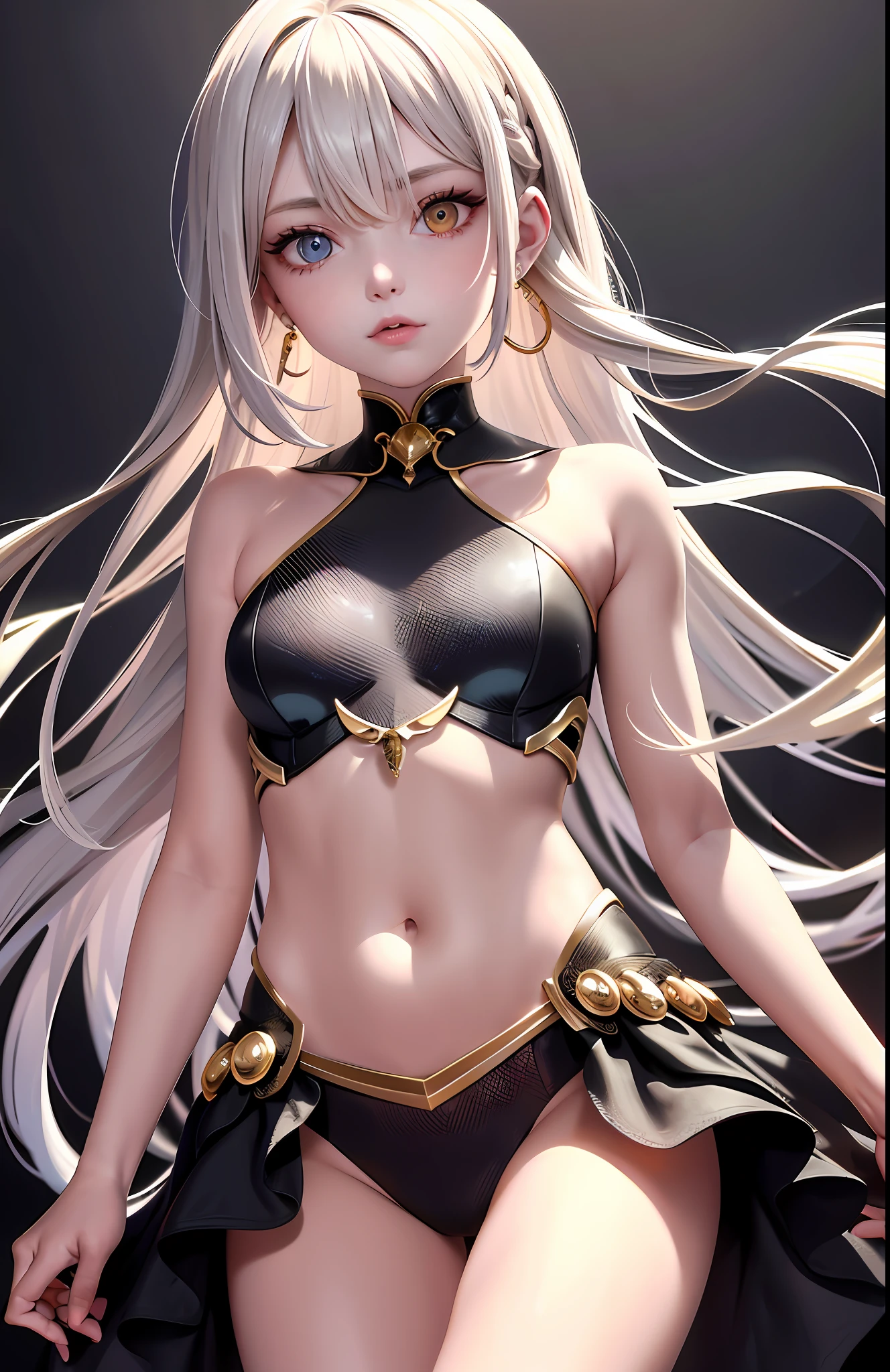 Best, Masterpiece, High Resolution, Best Quality, Ultra HD, Super Detail, Award-Awarded, 16k, Solo, (Upper Body), Anatomically Correct, Beautiful Maiden, Cute Face, Highlights, Gradient Beige Hair, Hair Strands, ((Heterochromia)), Long Eyelashes, Hanging Eye Corners, Fair Skin, (Small), (Slim Body), ((Cybermade_costume)), Stud Earrings, (Neck Rings),