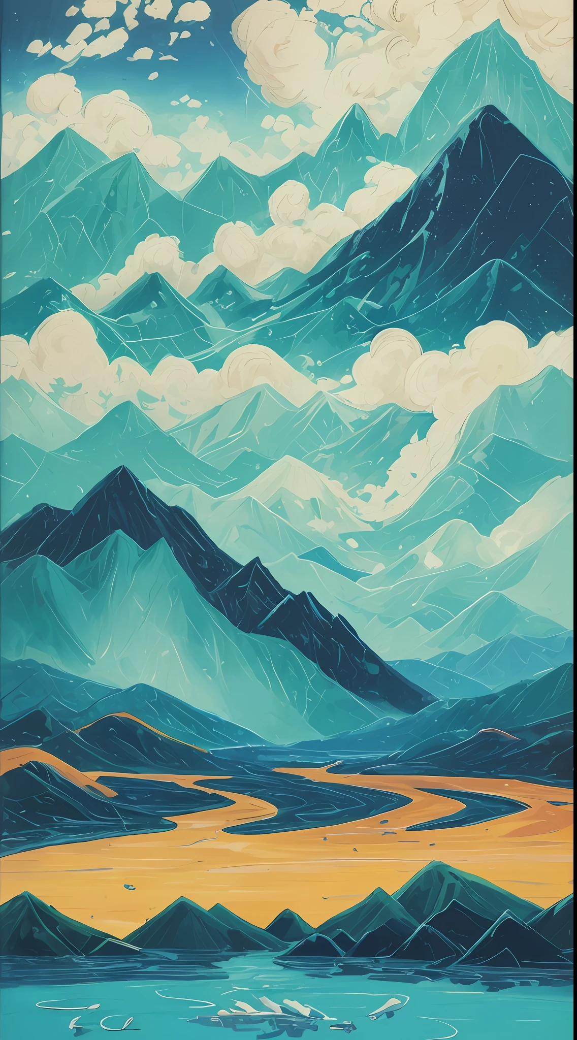 Green mountains and bamboo, peaks and mountains, rolling mountains. At the foot of the mountain, the blue water flows slowly, with slight ripples, and a quaint bridge in the distance spans the stream. Between the mountains, three egrets dance gracefully, as if showing a beautiful picture between the mountains and waters. Clouds looming in the distance, suspended quietly in the sky, add a bit of poetry to this landscape painting. The whole painting is bright in color and smooth in brushstroke, as if you are in this landscape, feeling the mystery and infinite power of nature.