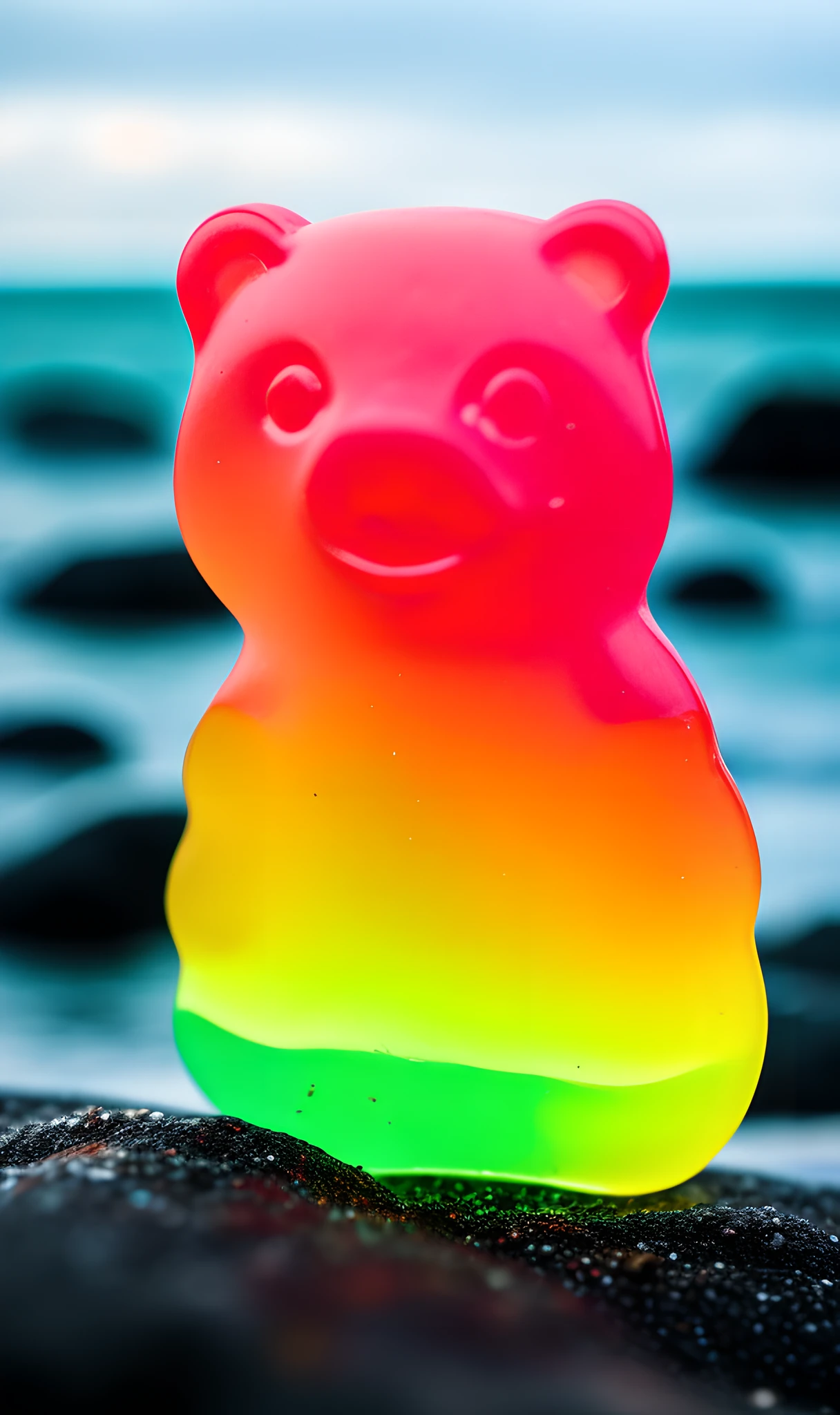 gummy bear, detailed skin, skin pores, coast, cloudy weather, wind, waves, 8K UHD, DSLR, soft light, high quality, film grain, Fujifilm XT3