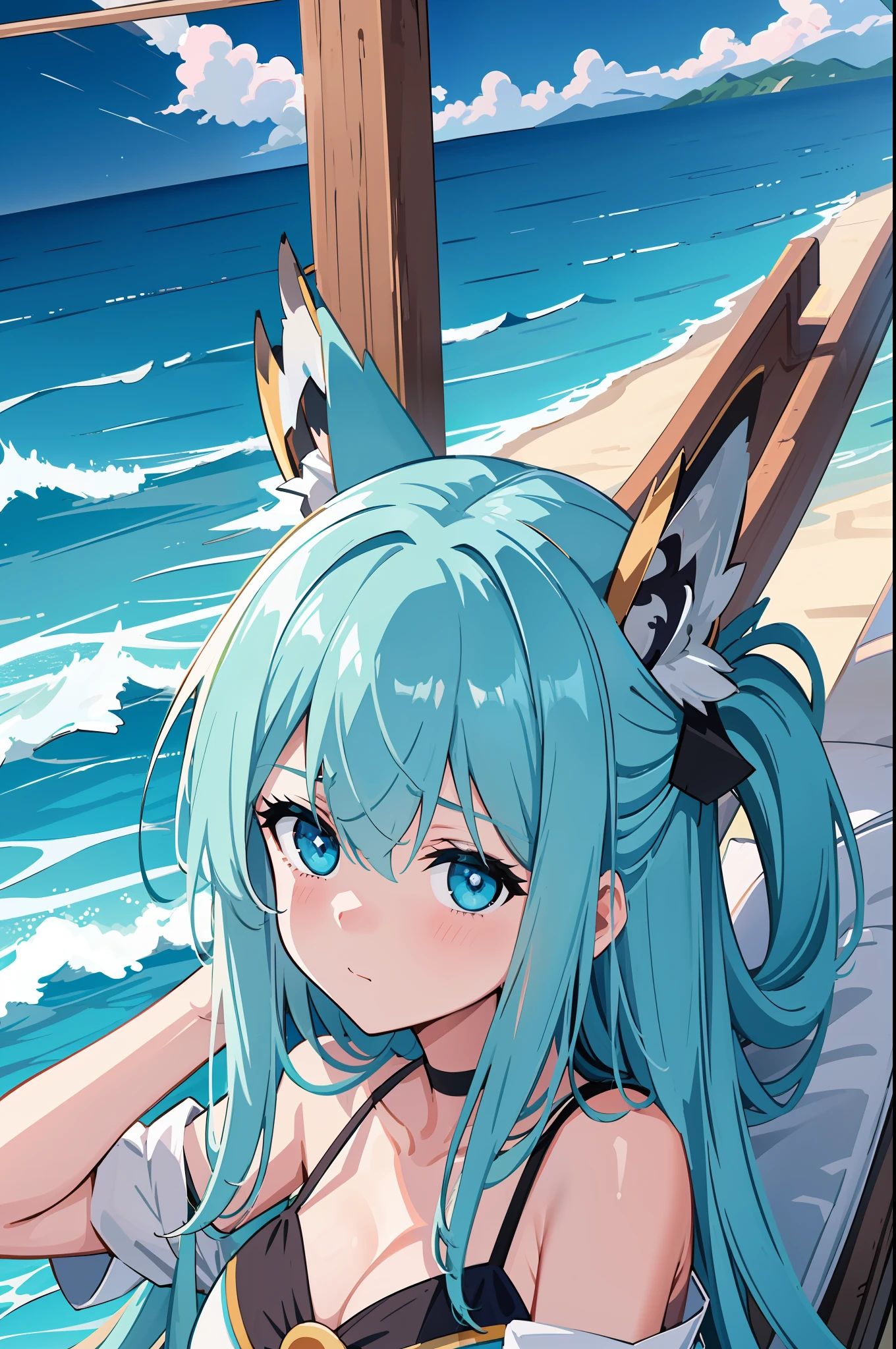 (masterpiece, best quality, ultra-detailed), illustration, (Aqua_konosuba_1girl), looking at the viewer, kawakazehair, long blue hair, straight hair, (side tie bikini), blush, sideways, medium breasts, blue eyes, ocean, beach.