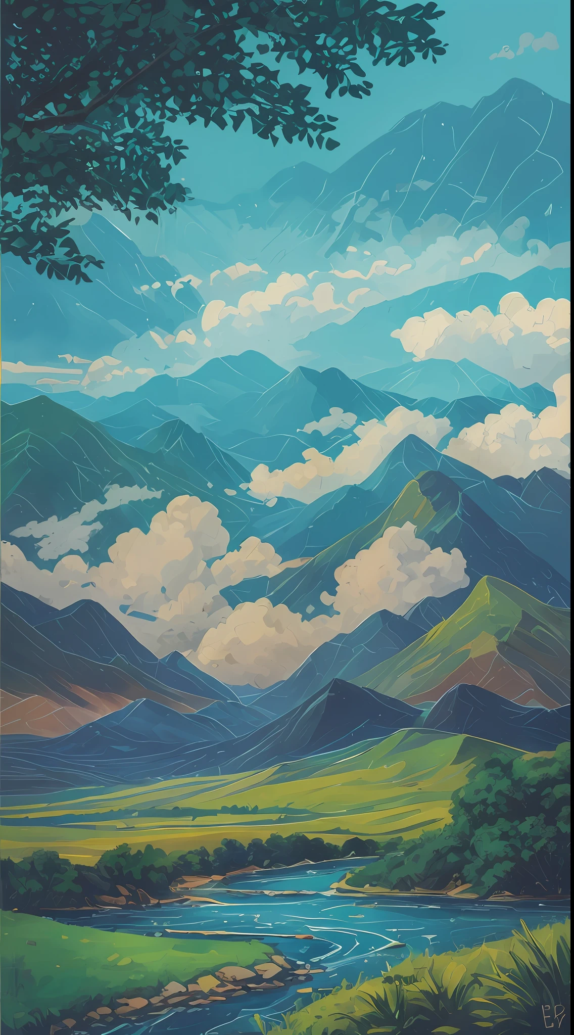 Green mountains and bamboo, peaks and mountains, rolling mountains. At the foot of the mountain, the blue water flows slowly, with slight ripples, and a quaint bridge in the distance spans the stream. Between the mountains, several egrets dance gracefully, as if showing a beautiful picture between the mountains and rivers. Clouds looming in the distance, suspended quietly in the sky, add a bit of poetry to this landscape painting. The whole painting is bright in color and smooth in brushstroke, as if you are in this landscape, feeling the mystery and infinite power of nature.