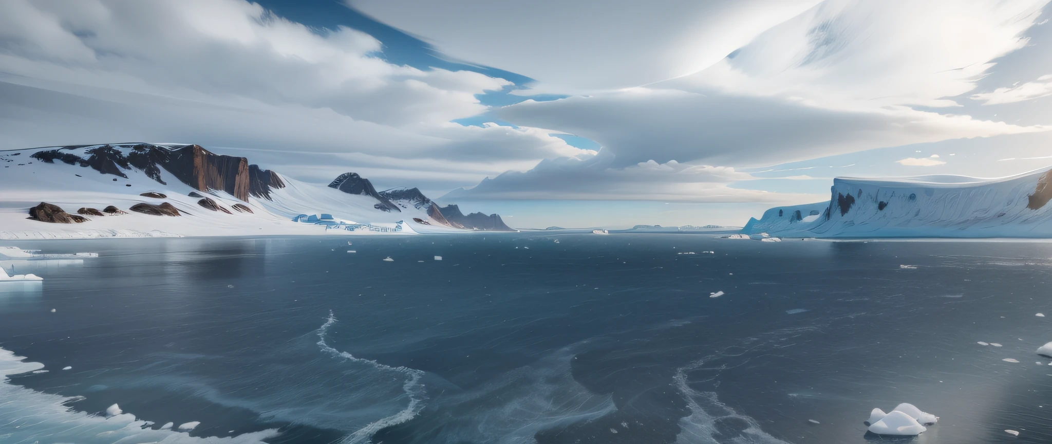 Clear water, flat ice floes, blue gradient water, cartoon style, realistic elements, ray tracing, soft light, distant cartoon icebergs, Antarctic mountains --s --auto --s2