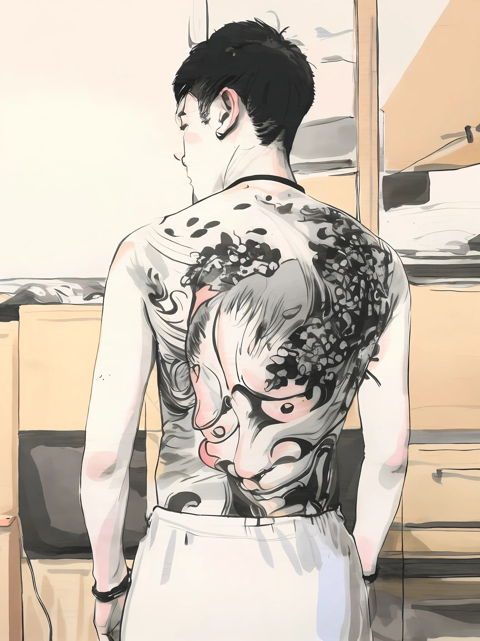 This cute anime little boy with tattoos on the back is cooking food in the kitchen