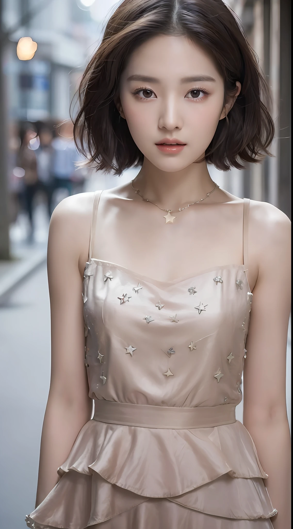 (1 cute Korean star), ((best quality, 8k, masterpiece: 1.3)), focus: 1.2, perfect body beauty: 1.4 , ((layered short hair: 1.2)), , (night, street:1.3), highly detailed face and skin texture, delicate eyes, double eyelids, whitening skin, (dress: 1.6)