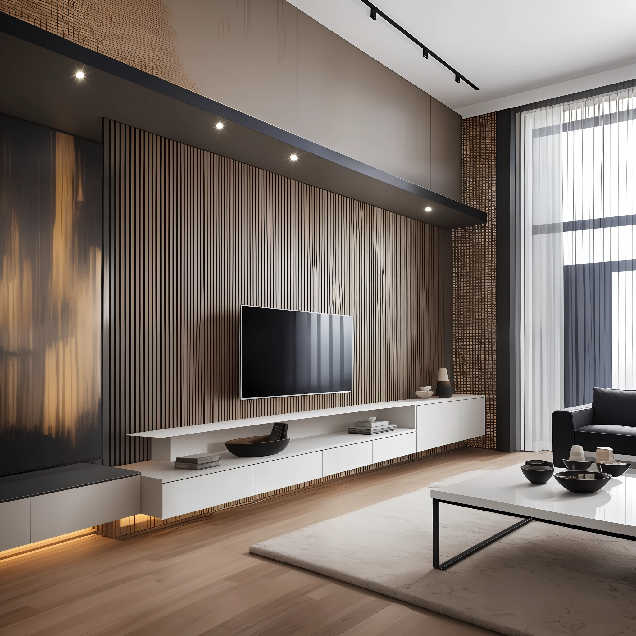 Design Points:
Neutral tones: The overall color tone of the living room will be dominated by black, white, and gray to create a simple, stylish and modern atmosphere.
Natural materials: Natural materials such as natural wood and stone are used to add a sense of nature and warmth in the room.
Space layout: The open layout design allows the living room and dining room to form a whole with the kitchen, creating a spacious and transparent space.
Lighting design: The use of various lighting designs increases the sense of layering and warmth in the space, and also improves the visual effect of the entire living room.
Artwork: Add some modern artwork to the living room to increase the artistic feel of the space, while also reflecting the modern design style.
Design details:
The main furniture of the living room includes sofas, coffee tables and TV cabinets. The sofa is made of black leather with white wool cushions to create a modern and comfortable feel. The coffee table is made of black metal and solid wood, forming a harmonious whole with the sofa. The TV cabinet is made of wood and stone, which adds some natural atmosphere and warmth.
In terms of space layout, the living room, dining room and kitchen are all designed with an open layout, making the whole space more transparent and spacious. A stone wall partition is used between the living room and dining room, which also serves as a display case for tableware and alcohol, and is designed with lighting to highlight the display effect.
In terms of lighting design, the living room adopts a variety of lighting designs, including chandeliers, wall lamps and floor lamps. The chandelier is made of black metal and transparent glass, which increases the layering of the space; The wall lamp is made of wood and white lampshade, which adds to the warmth of the space; The floor lamp is made of black metal and cotton shade, which adds to the visual effect of the entire living room.
In terms of artwork, some modern art has